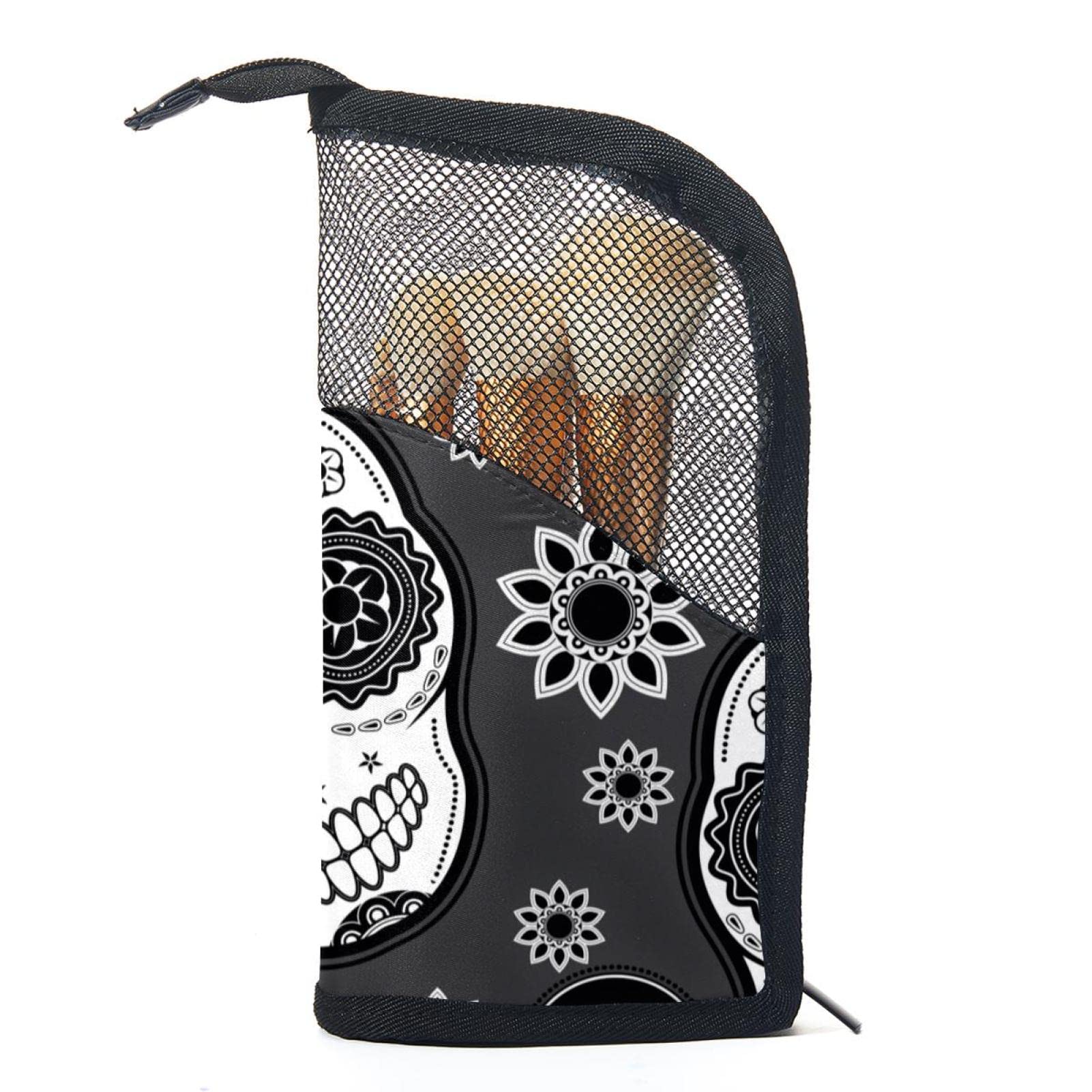 Premium 12-Piece Makeup Brush Organizer Bag with Skull Gray Floral Design - Portable Travel Makeup Brush Holder Case for Professional Artists & Home Use