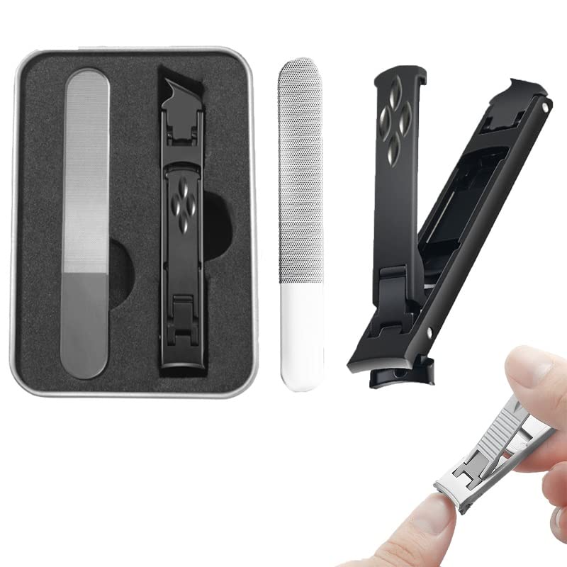 Foldable Double-Ended Nail Clipper - Stainless Steel Professional Manicure Tool for Thick Nails with Anti-Splash Design | Portable & Multifunctional Slanted & Flat Nail Trimmer (Black) | Perfect for Travel, Home Use & Grooming Kits