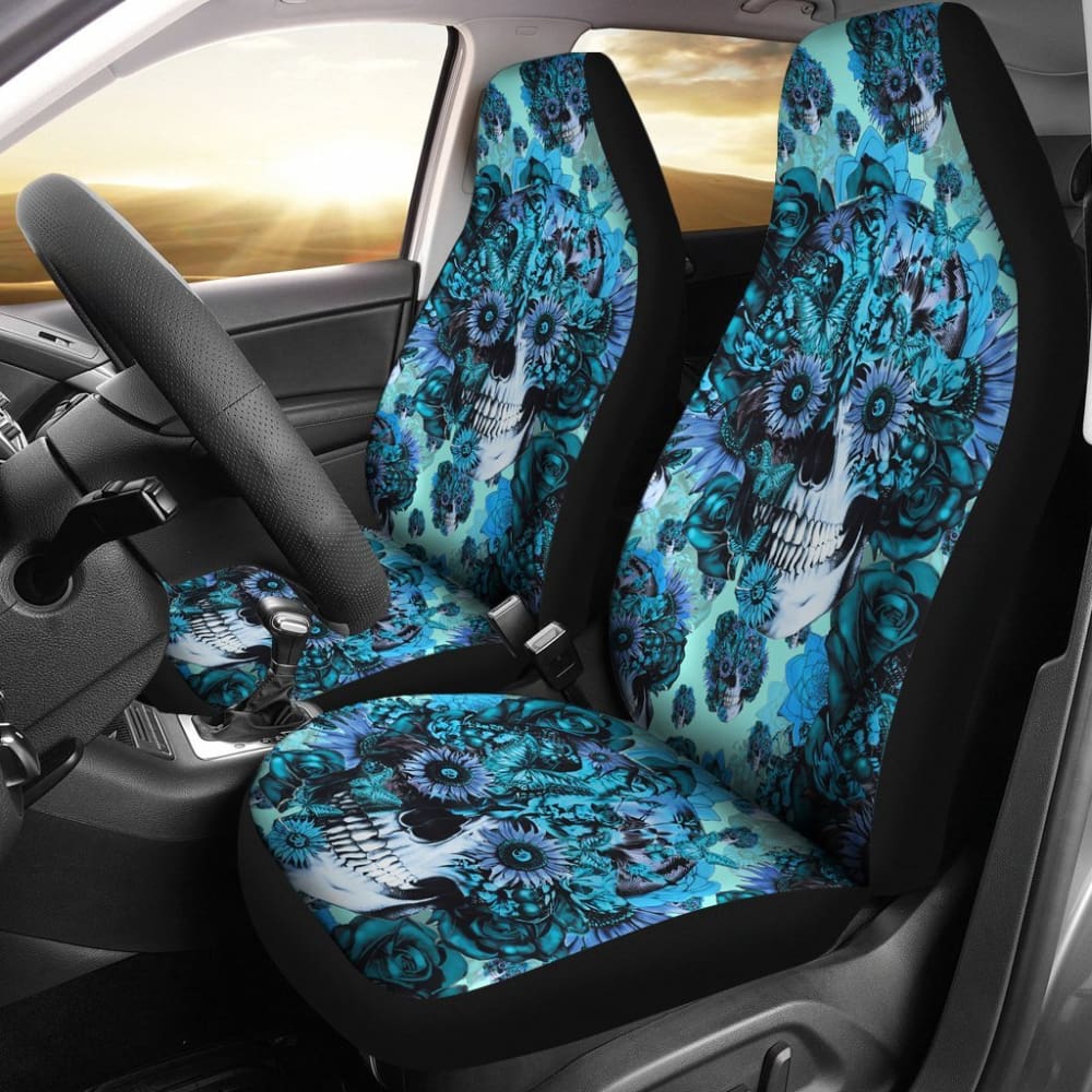 2 Pcs Gothic Skull Car Seat Covers - Universal Fit for Cars, Trucks & SUVs - Black Skull Print Design - Perfect for Halloween, Gothic Style & Car Enthusiasts - Easy to Install & Machine Washable