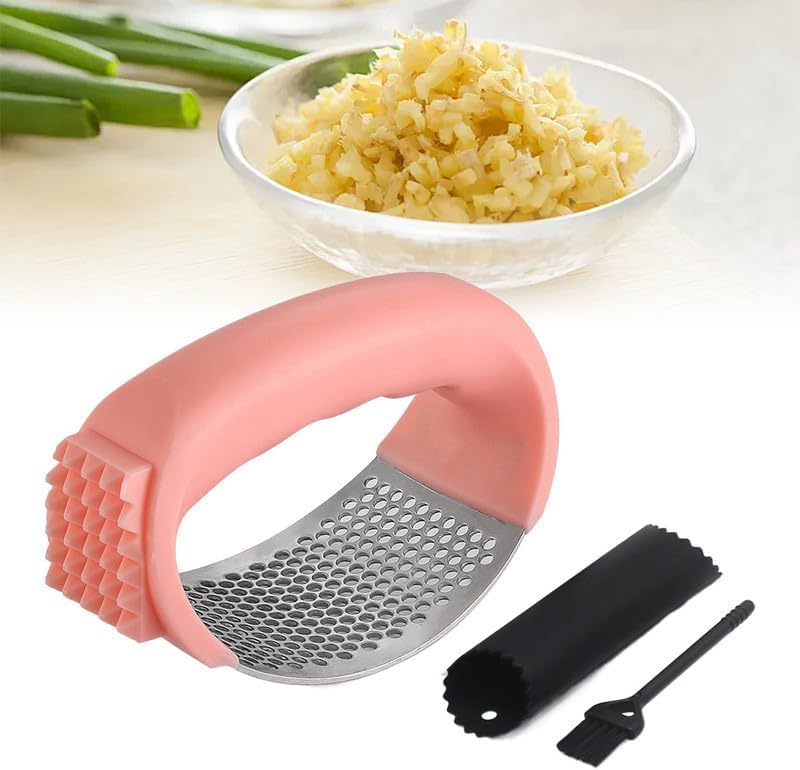 2024 Upgraded Stainless Steel Garlic Press Rocker - Heavy Duty Garlic Mincer, Crusher & Masher with Peeler & Cleaning Brush - Perfect Kitchen Gadget for Chopping, Smashing Garlic - Ideal for Cooking, Meal Prep & Restaurants (Pink)