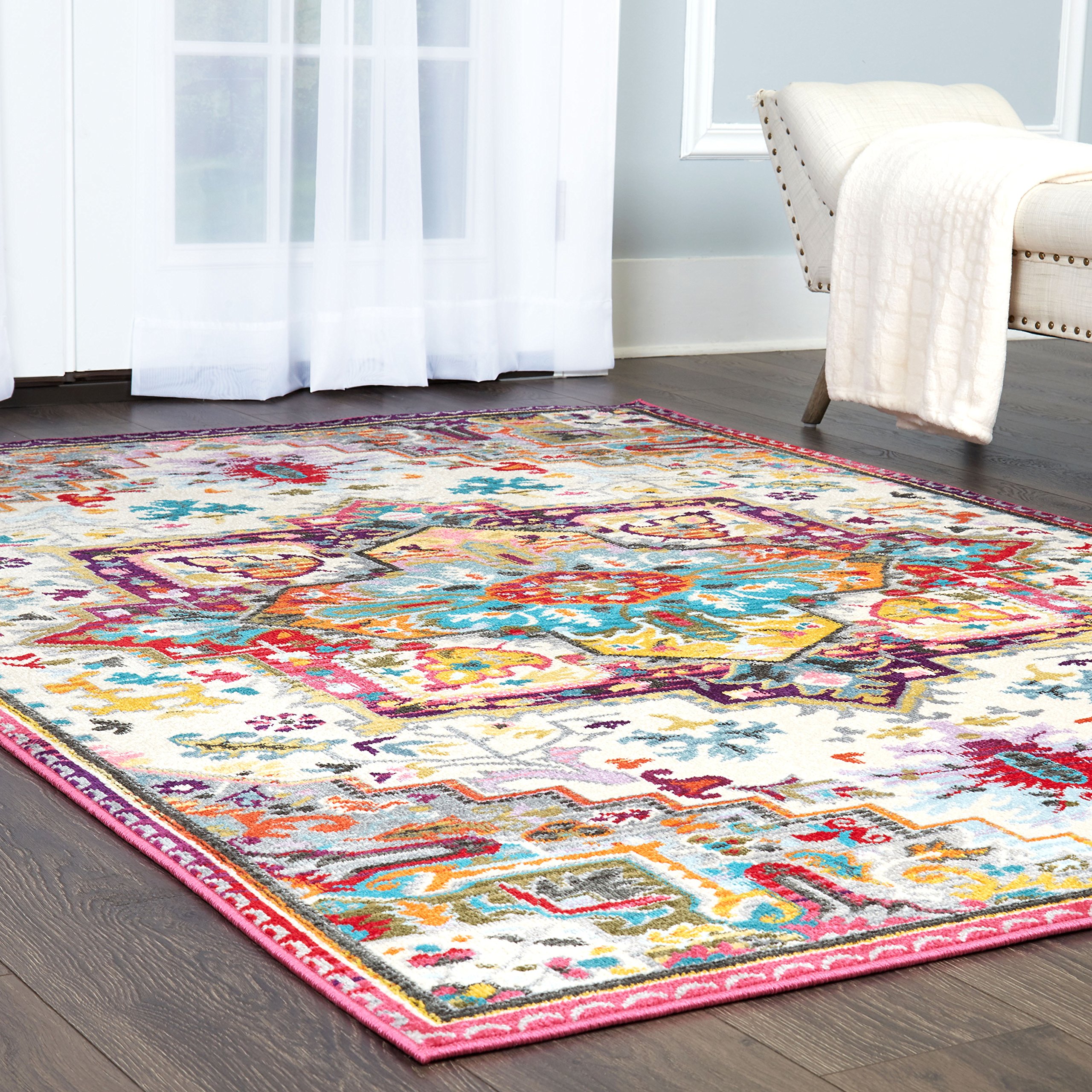 Home Dynamix Melody Tiana Modern Area Rug 8'x10' - Blue Pink Ivory Geometric Design - Soft Non-Slip Living Room Bedroom Rug for Home Decor