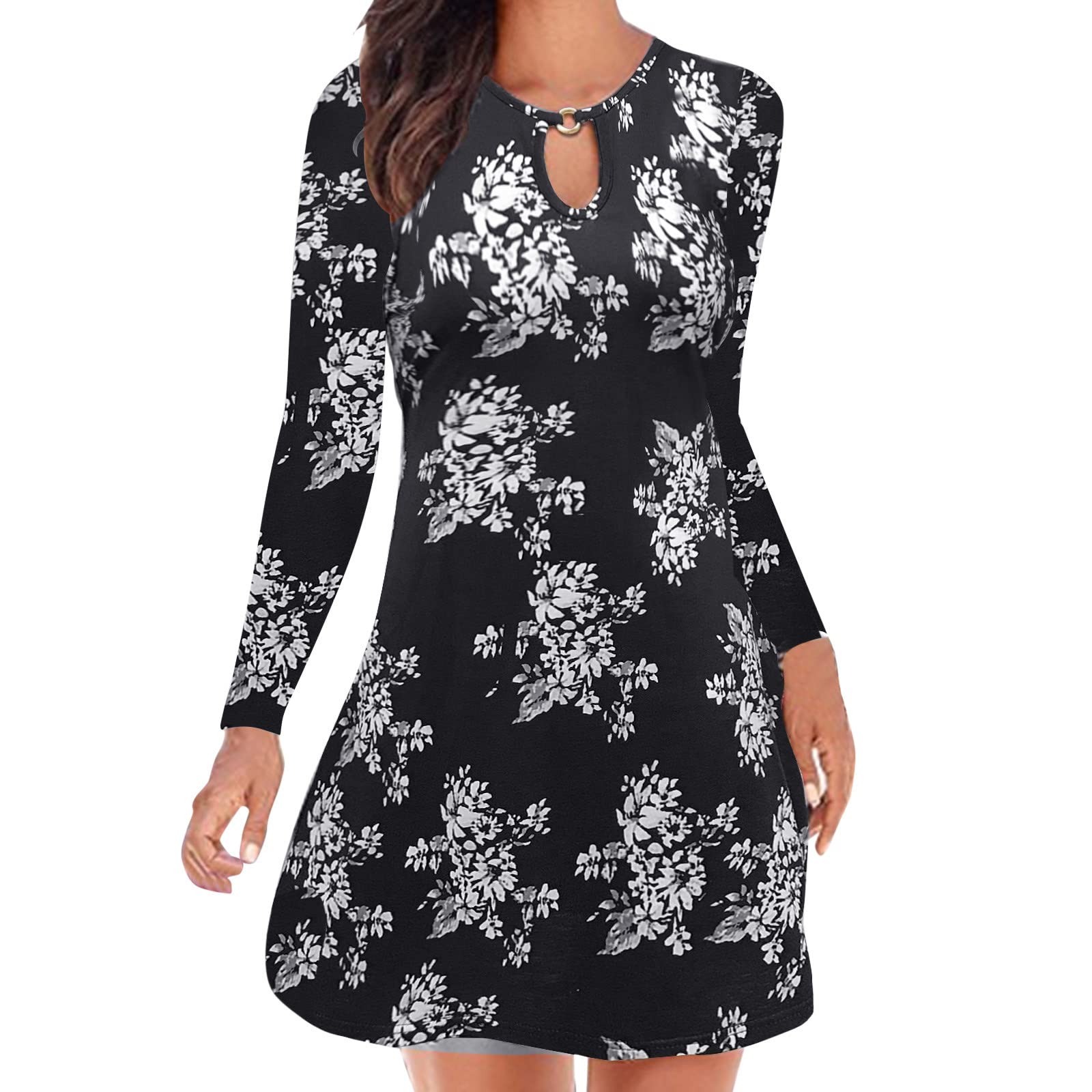 Women's Slim Fit Casual Lounge Dress - Round Neck Long Sleeve Printed Dress for Home, Travel & Relaxation | Comfortable Womens Fashion Wear