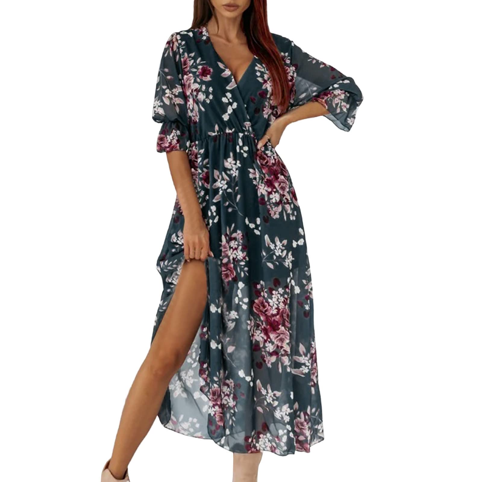 Women's Floral Maxi Dress Wrap V-Neck Boho Summer Beach Dress with Ruffles & Short Sleeves - Perfect for Beach Vacations, Garden Parties & Casual Outings
