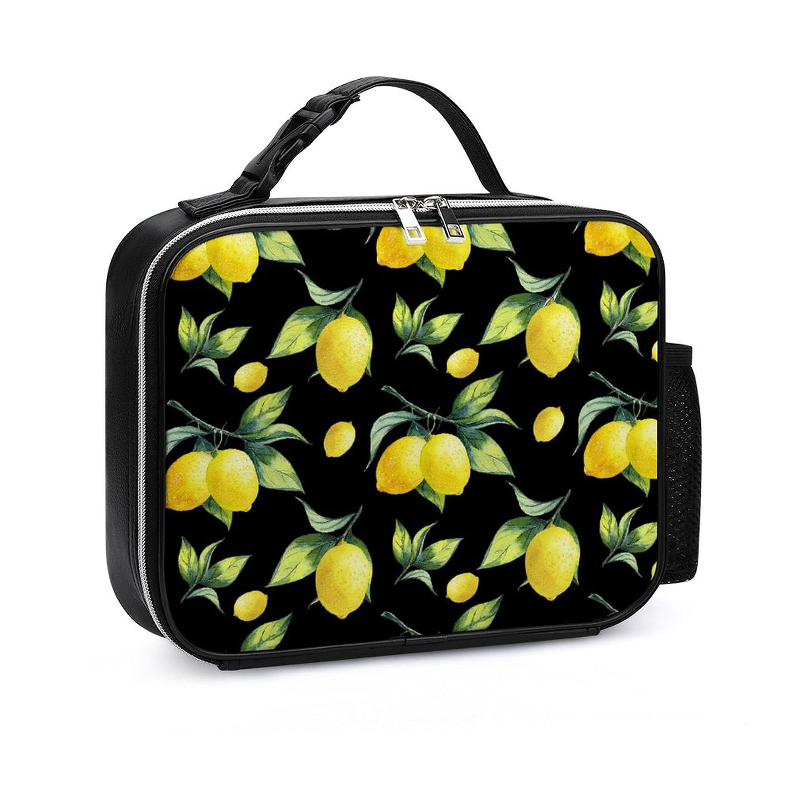 Insulated Reusable PU Leather Lunch Bag for Women & Men - Leakproof Cooler Lunch Box with Detachable Handle & Side Pocket for Work, School, Travel & Picnic (Black with Lemon) - Perfect for Office, Commuting & Outdoor Activities