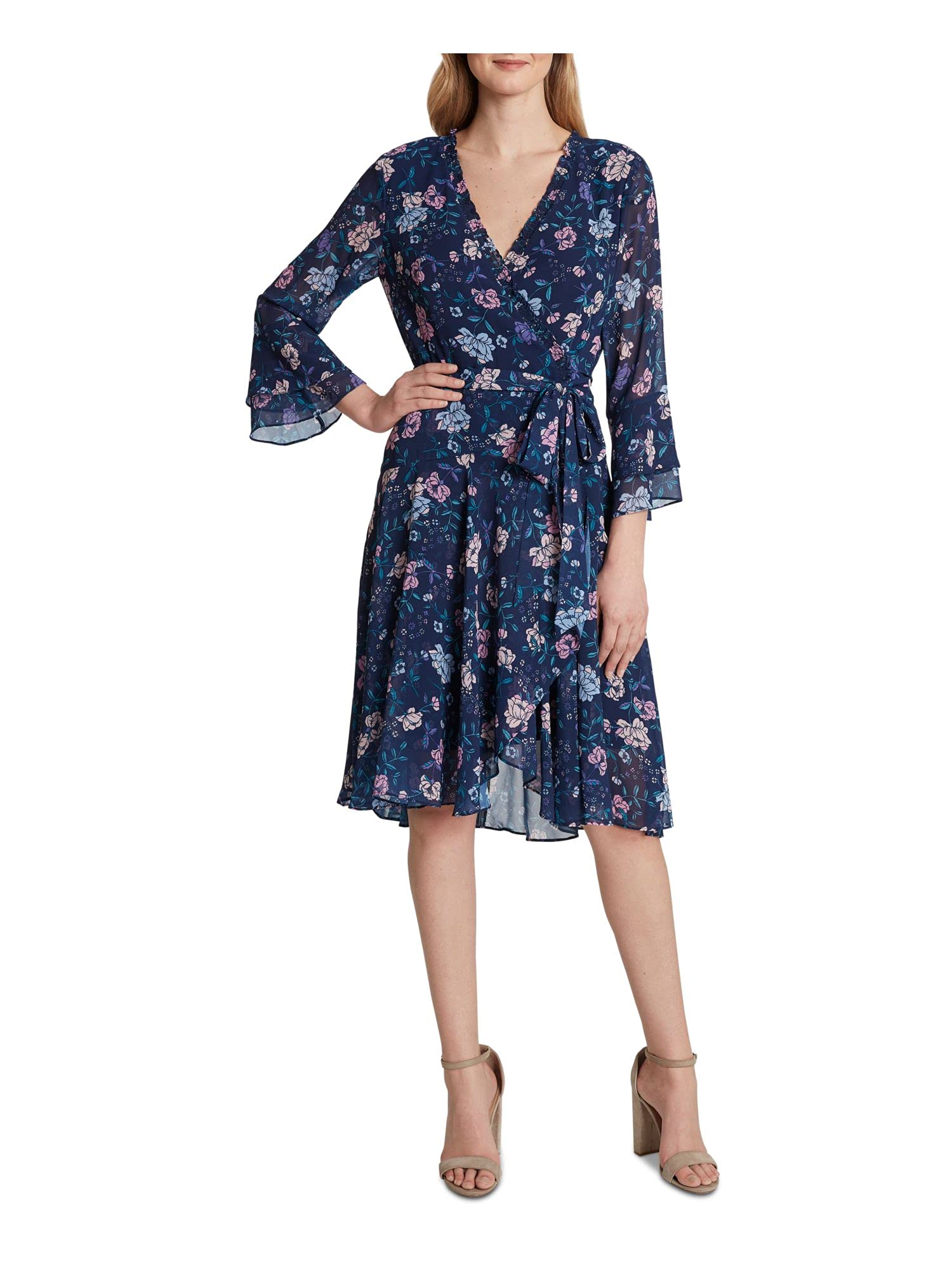 Tahari ASL Women's Long Sleeve Floral Smocked Wrap Dress - Elegant Flowy Midi Dress for Work, Party & Special Occasions