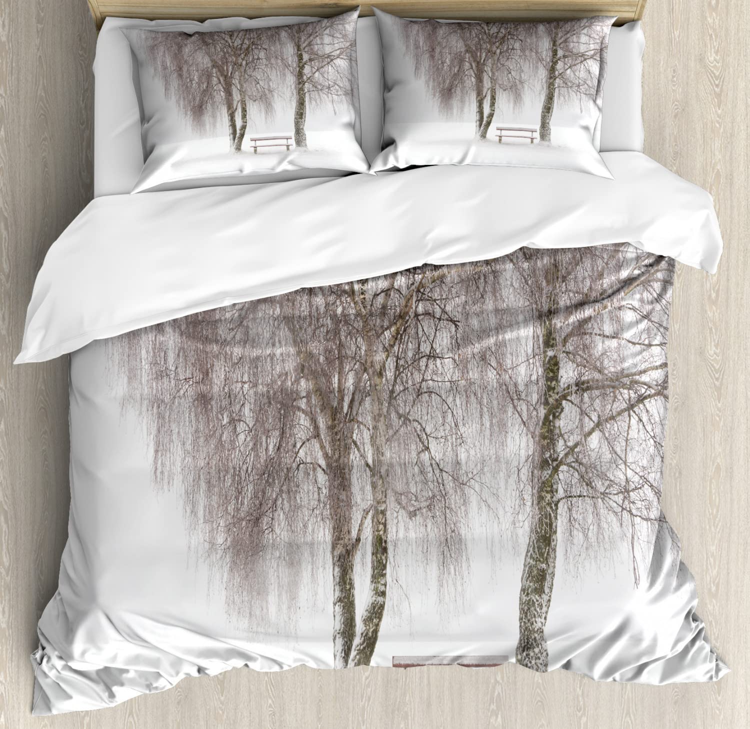 Ambesonne Winter Duvet Cover Set - Snowy Park Bench Design with Blizzard Holiday Scene - Twin Size 2-Piece Bedding Set (2 Duvet Covers + 2 Pillowcases) in White & Brown - Cozy Winter Bedroom Decor for Cold Weather Comfort