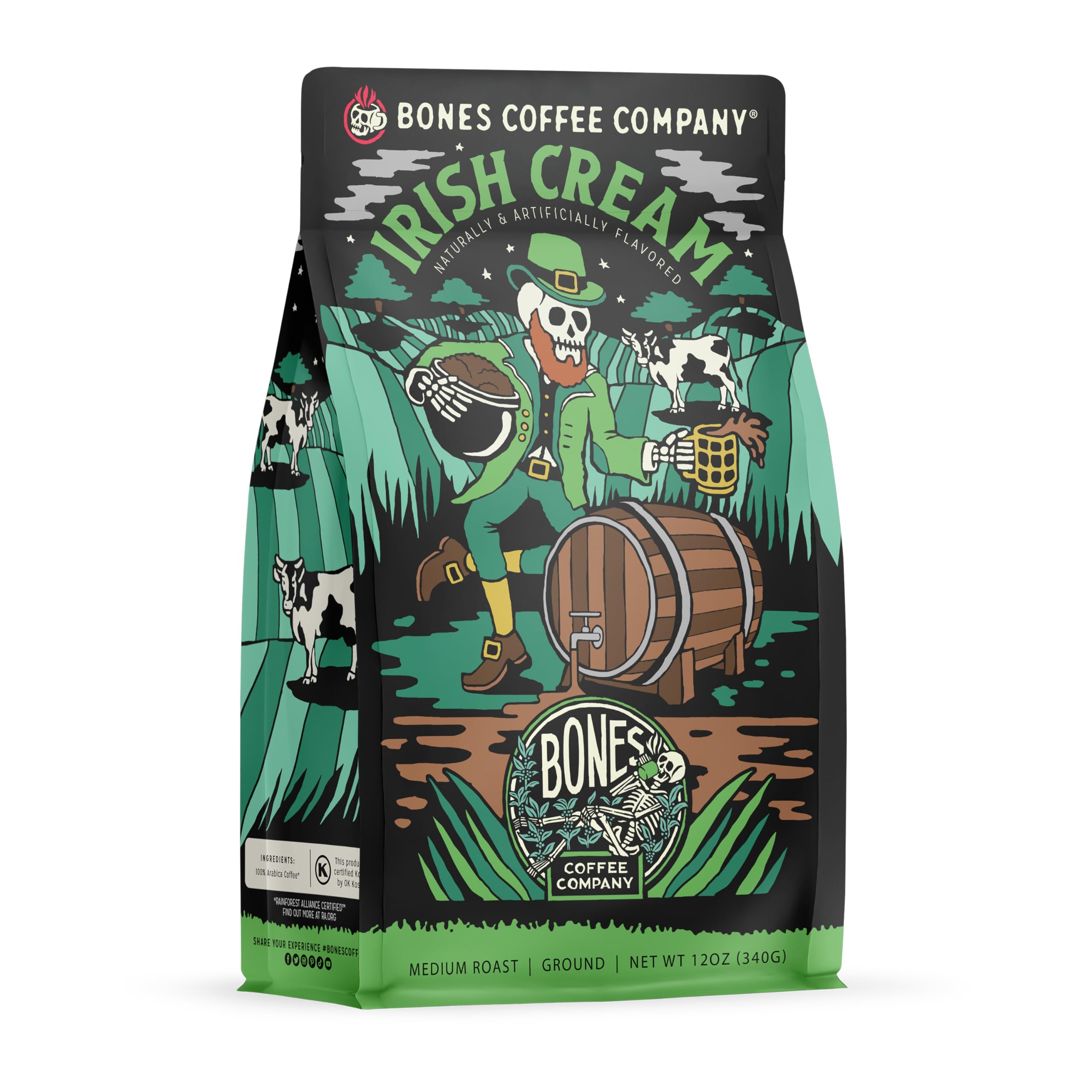 Bones Coffee Company Irish Cream Flavored Medium Roast Coffee Beans - Low Acid, Nutty Flavor Ground Coffee (12 oz) - Perfect for Breakfast, Office & Gift Giving