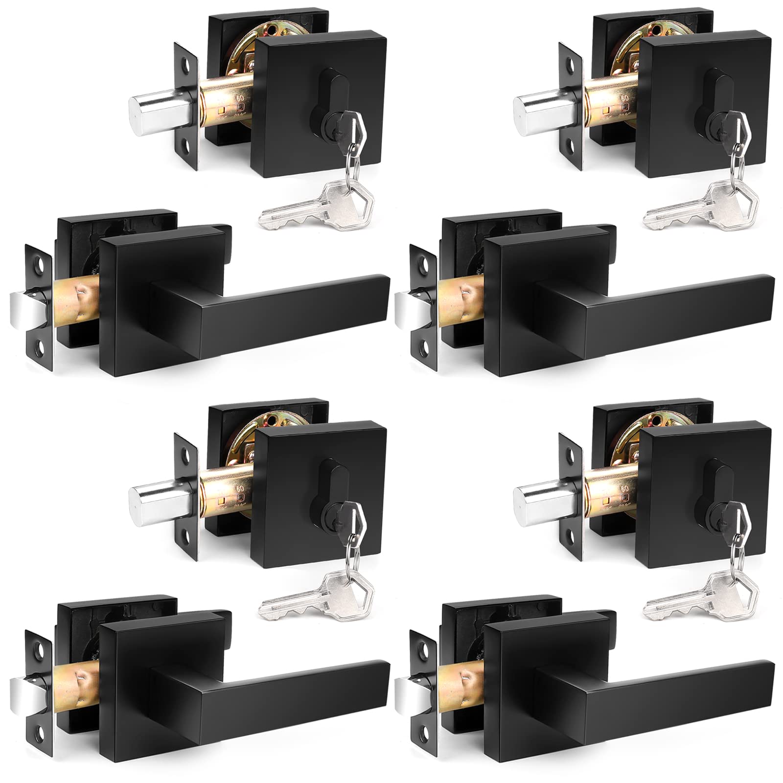 Probrico 4-Pack Modern Square Flat Black Passage Door Lever & Single Cylinder Deadbolt Combo Set - Exterior Door Handleset with Secure Locking Mechanism for Home, Office & Commercial Use
