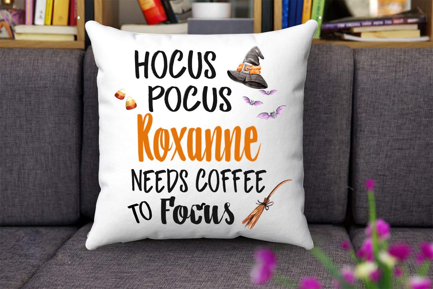 Halloween Throw Pillow Cover 18x18 - Hocus Pocus Roxanne Needs Coffee to Focus - Funny Halloween Gift for Friends & Family - Perfect for Sofa, Couch, Bed Decor - Spooky Home Decor Accessories