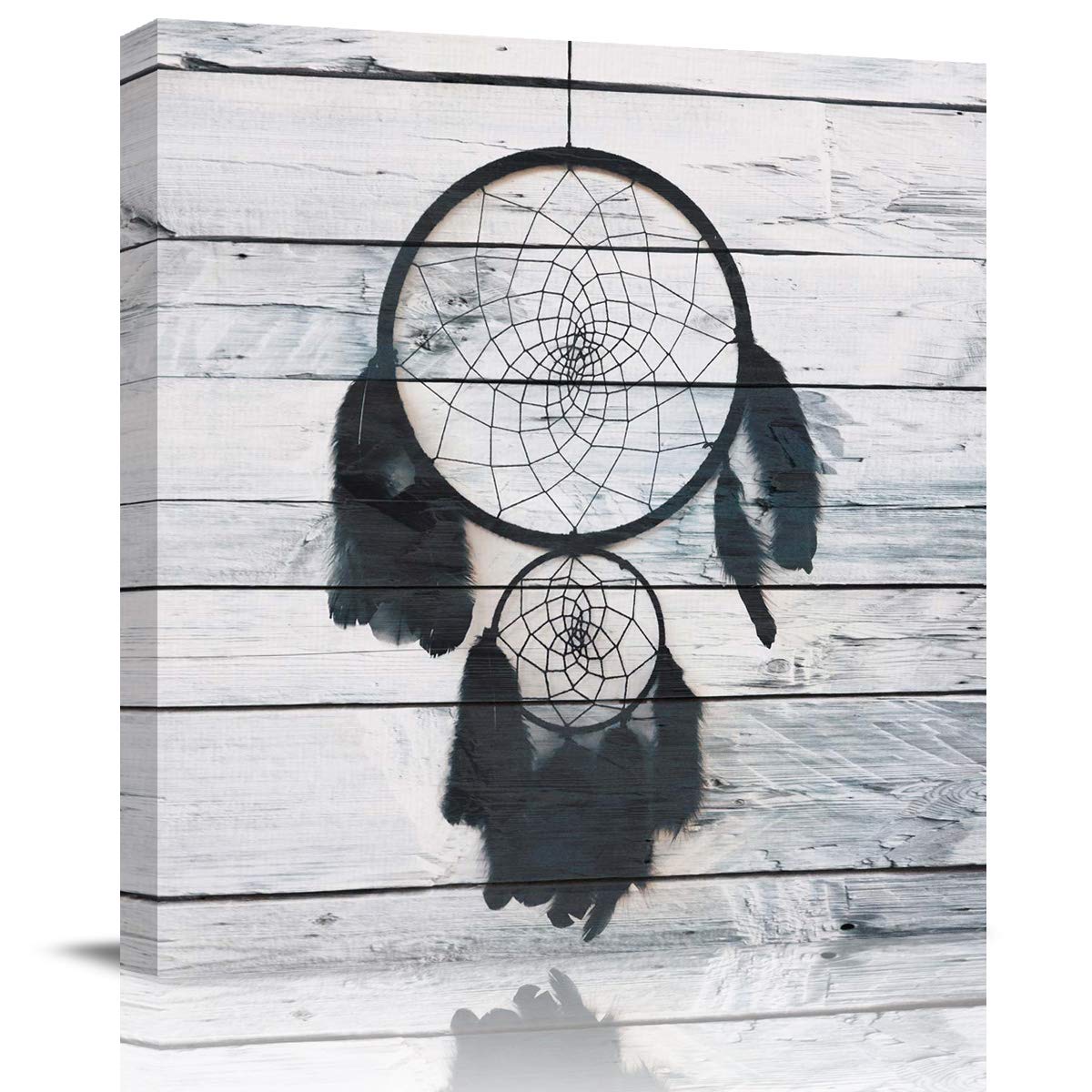 Black Dream Catcher Wood Texture Canvas Wall Art - 28x28 Inch Framed Ready to Hang Contemporary Home Decor for Living Room, Bedroom & Office | Native American Inspired Wall Hanging for Boho & Spiritual Spaces