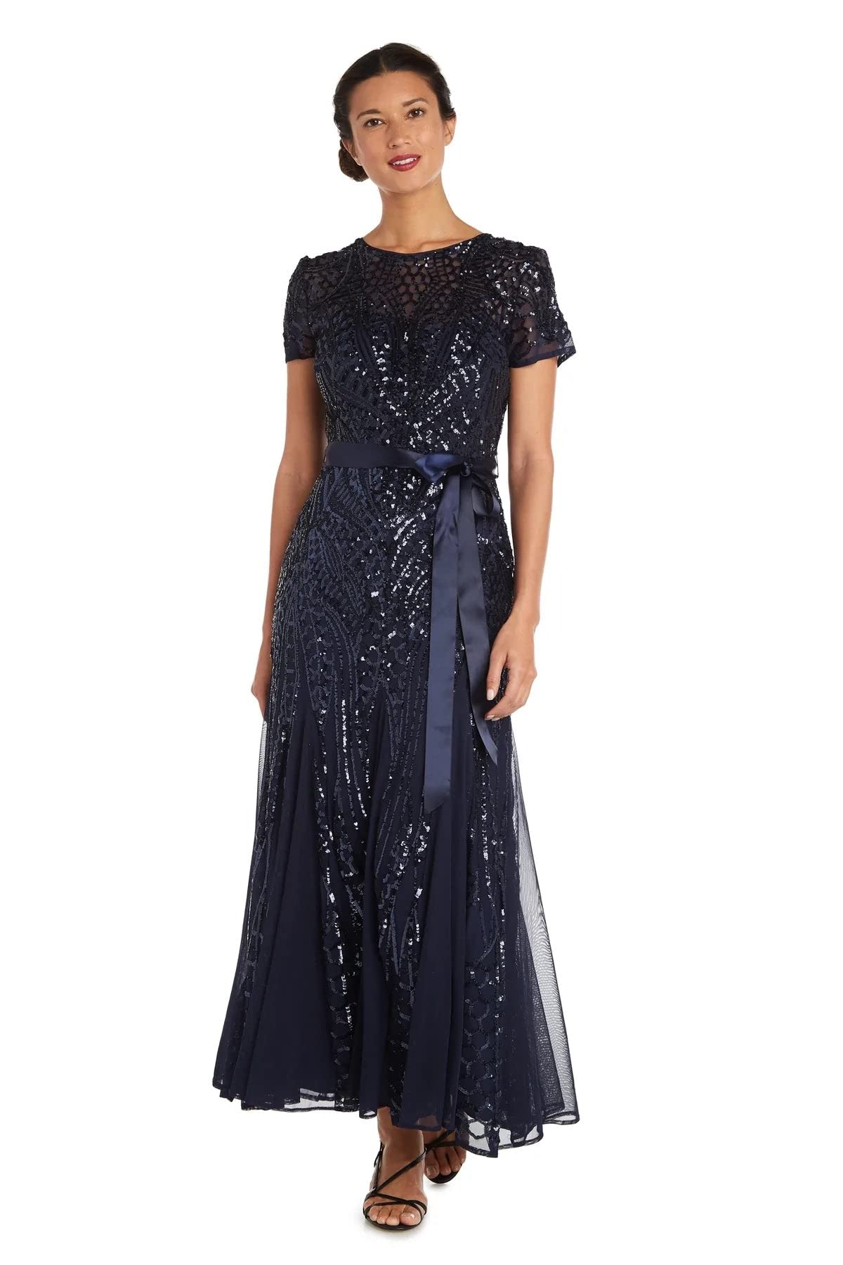 R&M Richards Women's Embellished Satin Waist Dress for Evening Gala, Cocktail Party & Wedding Guest Outfit