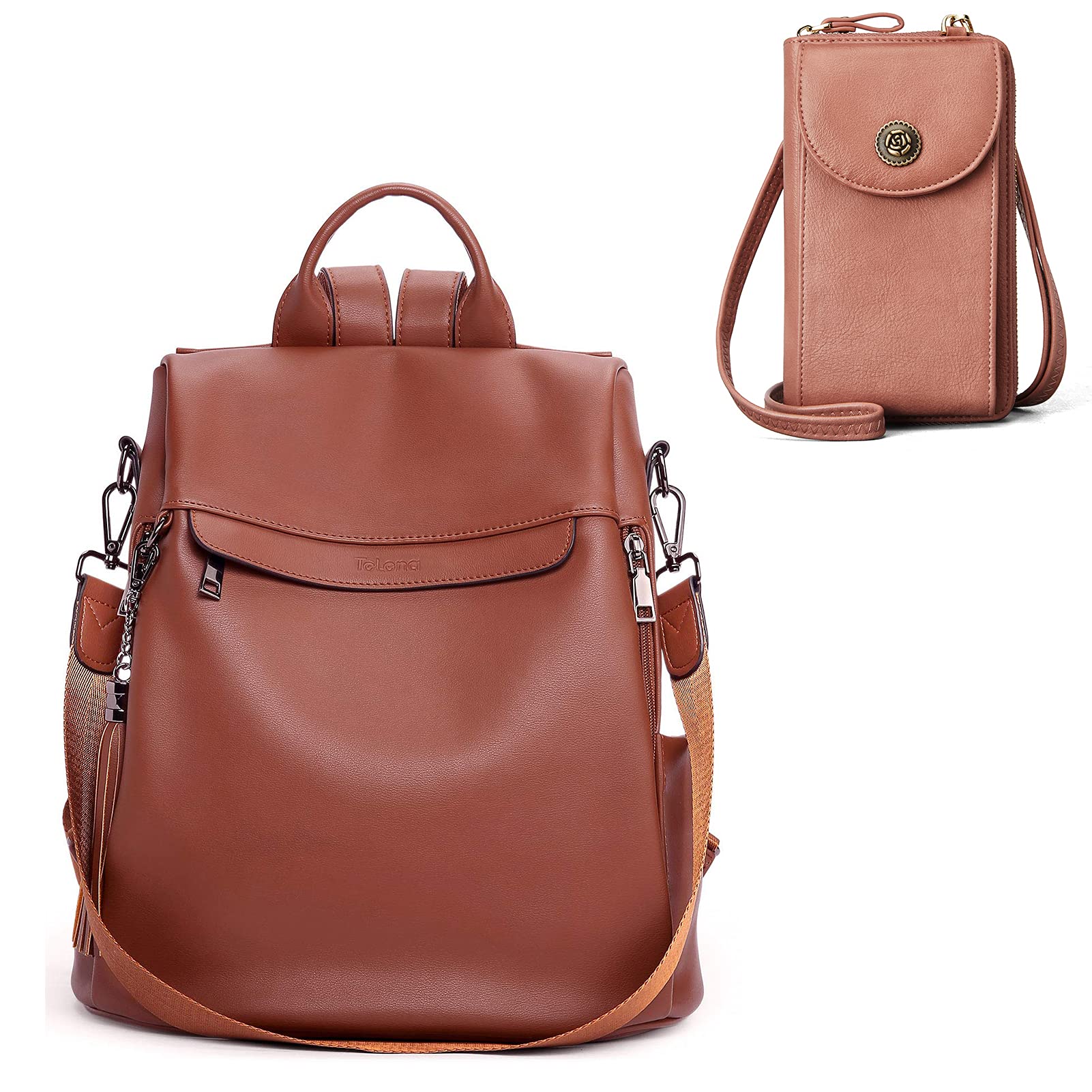 Telena Anti-Theft Travel Backpack & Crossbody Bag Set for Women - Large Shoulder Bag (Brown) & Small Phone Purse Wallet (Pink) | Perfect for Commuting, Travel & Daily Use
