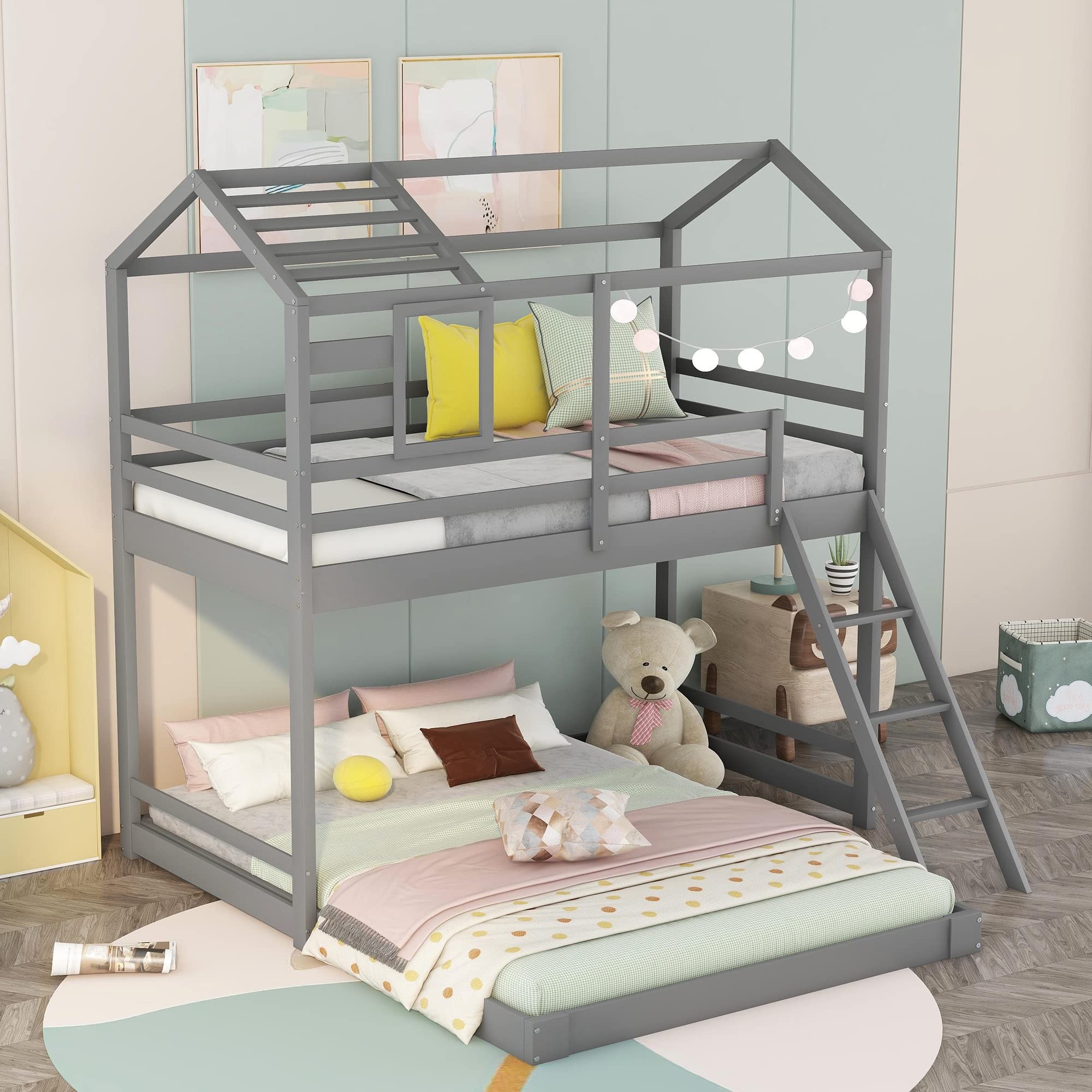 Twin Over Full Bunk Bed with Roof & Window - Wooden Loft Bed Frame with Inclined Ladder & Full-Length Guardrail for Kids, Teens & Adults - Space-Saving Gray Bunk Bed for Small Bedrooms, Dorm Rooms & Guest Rooms