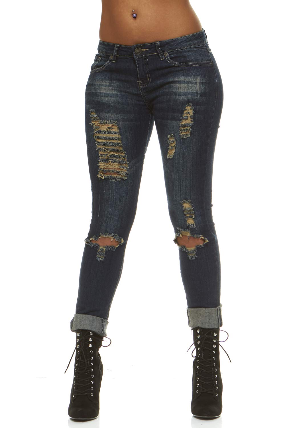 V.I.P.JEANS Women's Distressed Patched Skinny Ripped Jeans - Trendy High Waist Stretch Denim Pants for Casual Outfits & Streetwear Fashion