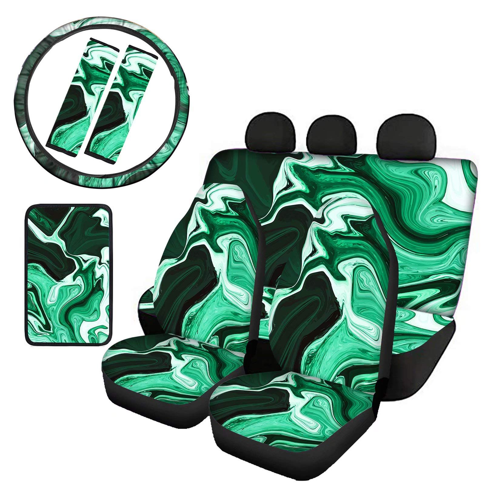 Stylish Pensura Marble Print Universal Car Seat Covers Set - Backrest, Steering Wheel & Console Covers with Belt Protectors | Perfect Car Accessories Gift for Women | Ideal for Daily Commute, Road Trips & Car Interior Protection