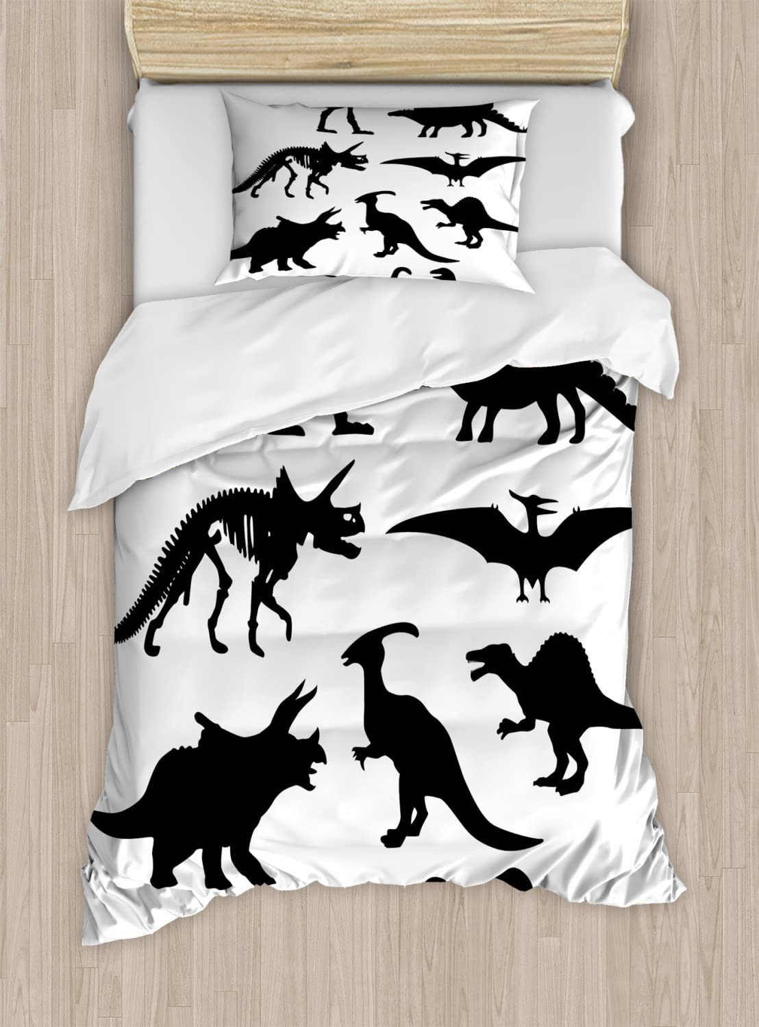 Ambesonne Dinosaur Duvet Cover Set - Prehistoric Skeleton Bone Black Silhouette Wild Dinosaur Bedding - 2 Duvet Covers & 4 Pillowcases - 2 Pack California King Size - Black & White - Perfect for Kids' Rooms, Dinosaur Themed Bedrooms & Jurassic Decor