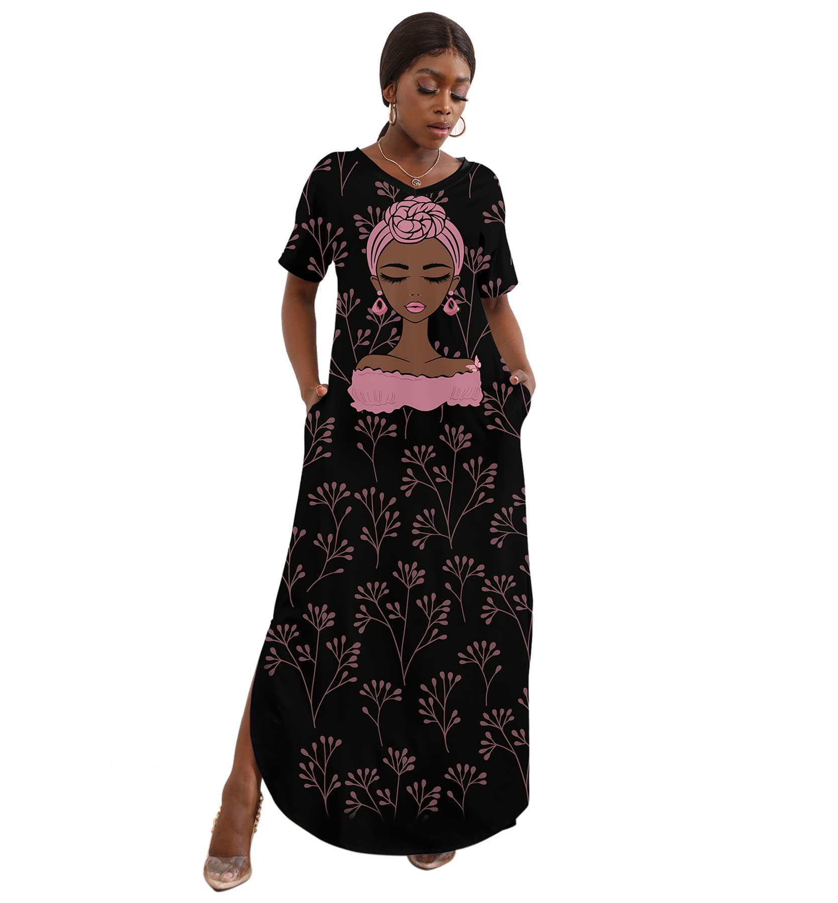 FZNHQL Black Women's Short Sleeve V-Neck Maxi Dress - African Melanin Girl Print Floral Long Casual Dress for Summer, Beach, Party & Everyday Wear