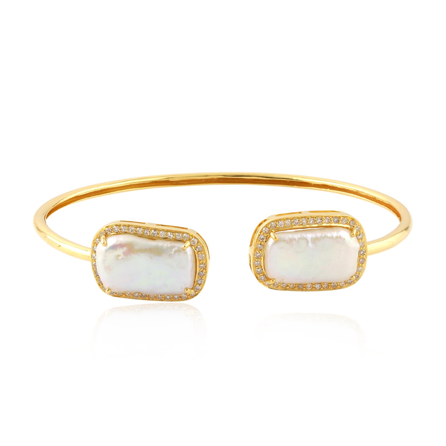 Exquisite 18K Gold Cushion Cut Pearl & Natural Diamond Designer Cuff Bracelet for Women | Elegant Jewelry Gift for Anniversary, Wedding & Special Occasions