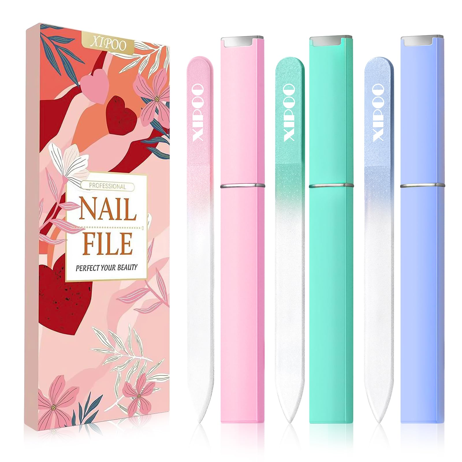 Premium 3-Pack Glass Nail Files with Case - 240 Grit Double Sided Czech Glass Nail File for Natural Nails - Professional Manicure Tools for Women & Girls - Perfect for Travel, Home Use & Stocking Stuffers by XIPOO