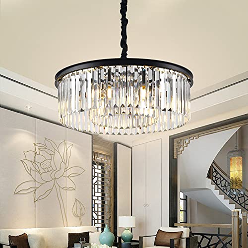 Modern Black Round Crystal Chandelier - 2-Tier 6-Light Hanging Ceiling Fixture for Dining Room, Kitchen & Bedroom | Elegant Lighting for Home Decor & Wedding Venues