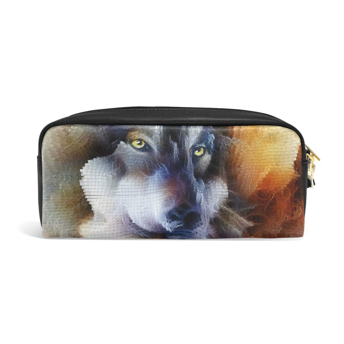 Linomo Galaxy Wolf Face Leather Pencil Case - Stylish Zipper Pouch for Pens, Makeup Brushes & Cosmetics | Perfect for School, Office & Travel Accessories (Black)