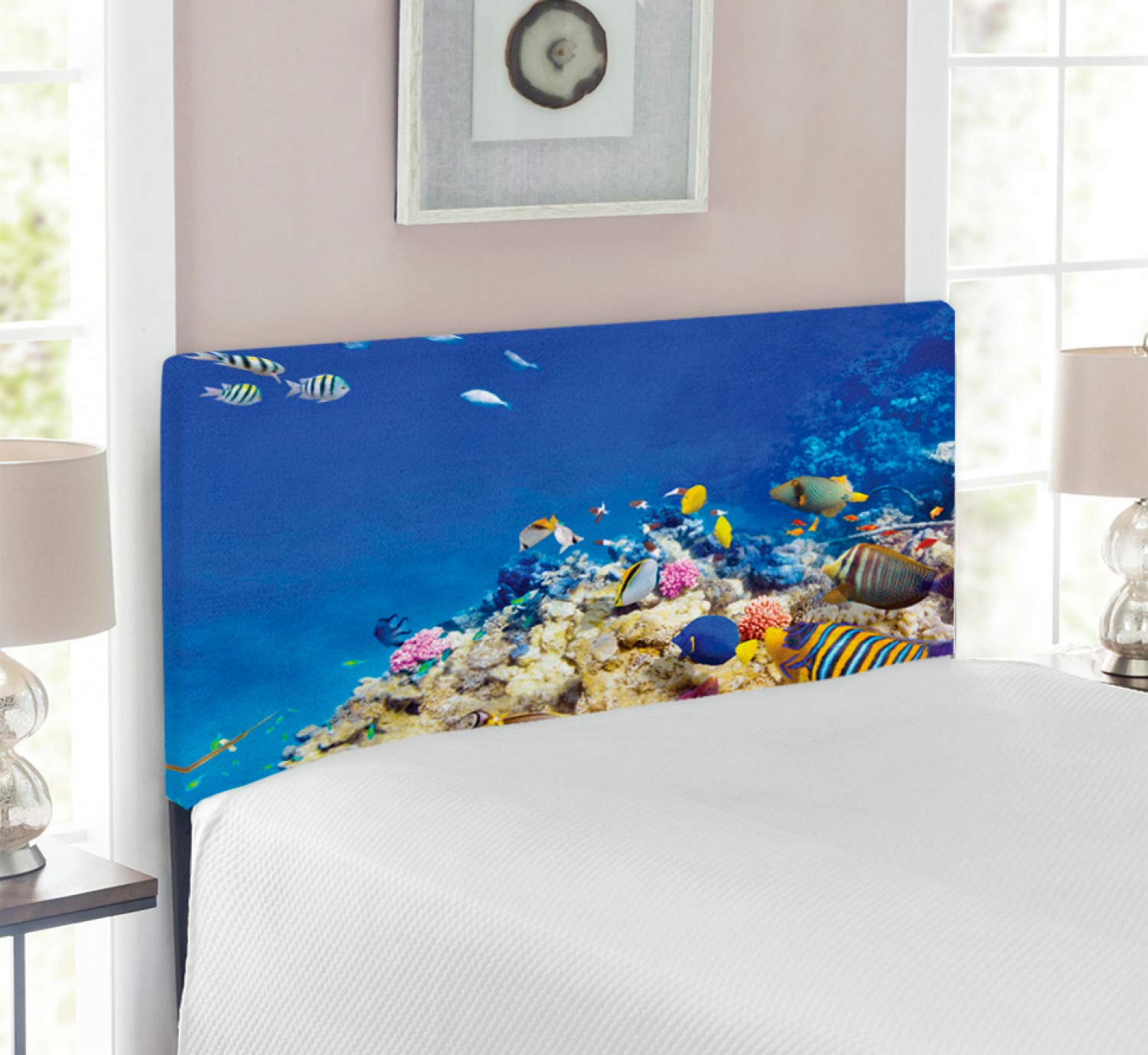 Ambesonne Ocean Themed Headboard - Underwater Life Caribbean Seascape Upholstered Metal Bed Headboard with Memory Foam, Twin Size, Blue Beige - Perfect for Beach House Bedrooms & Tropical Vacation Home Decor