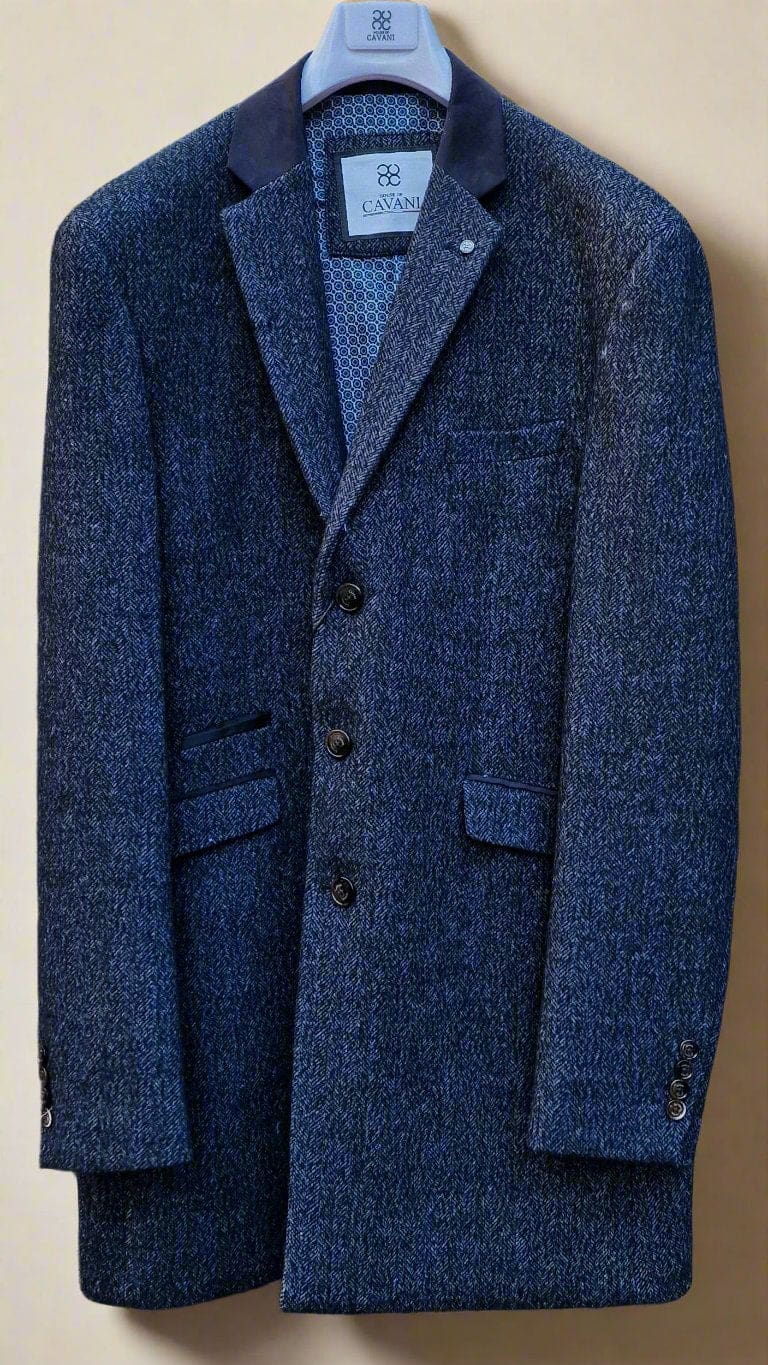 Cavani Fabrini Men's Navy Check Wool Blend Overcoat - Classic Winter Coat for Business & Formal Occasions