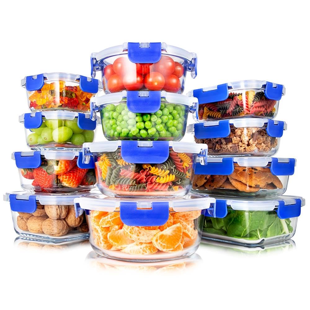 SereneLife 24-Piece Glass Food Storage Containers Set with Airtight Lids - 12 Pack Meal Prep Containers for Lunch, Kitchen & Pantry Organization - Leakproof, Freezer & Dishwasher Safe - Blue - Perfect for Meal Prepping, Leftovers & Office Lunches