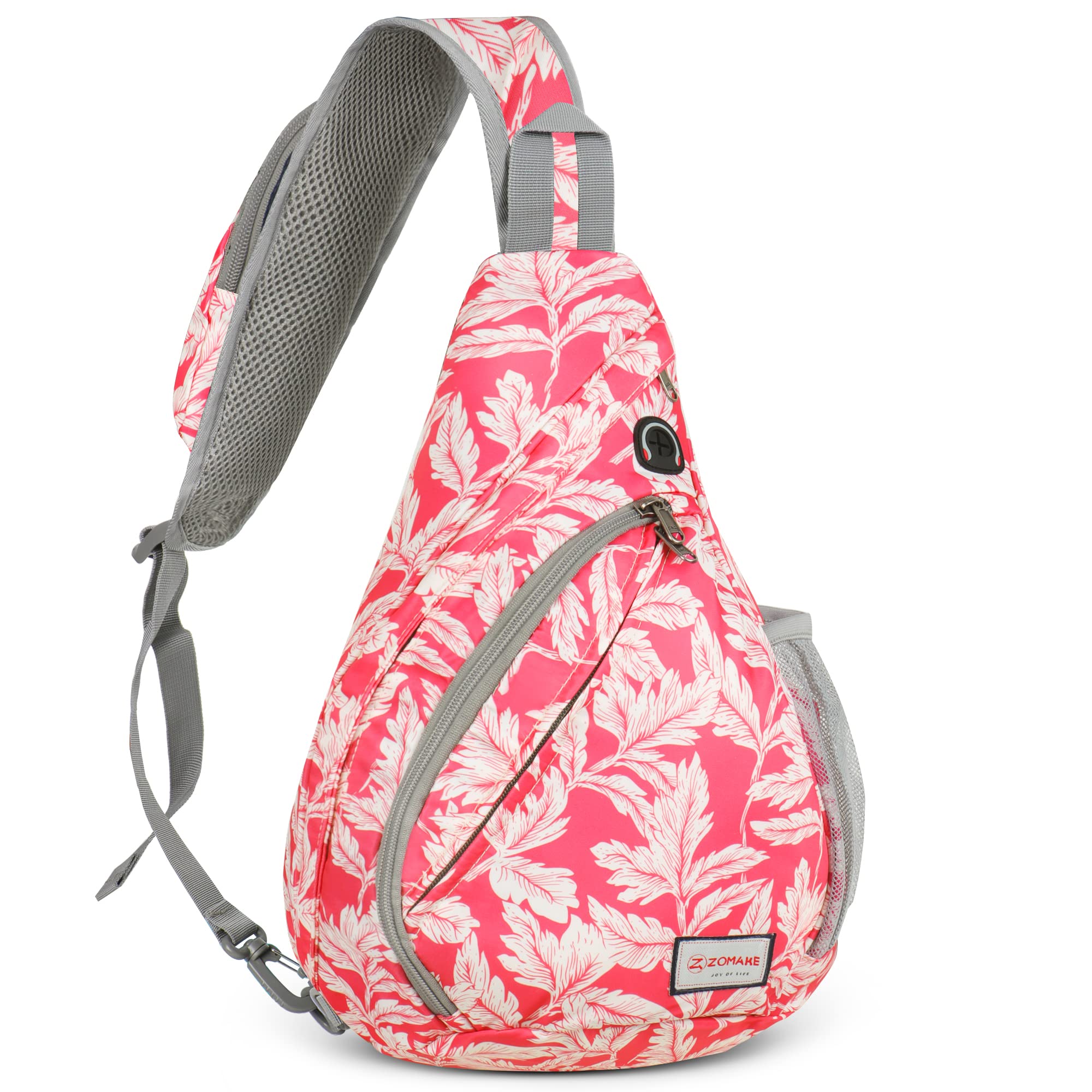 ZOMAKE Waterproof Sling Bag for Travel & Hiking - Anti-Theft Crossbody Backpack (Fuchsia White Leaf)