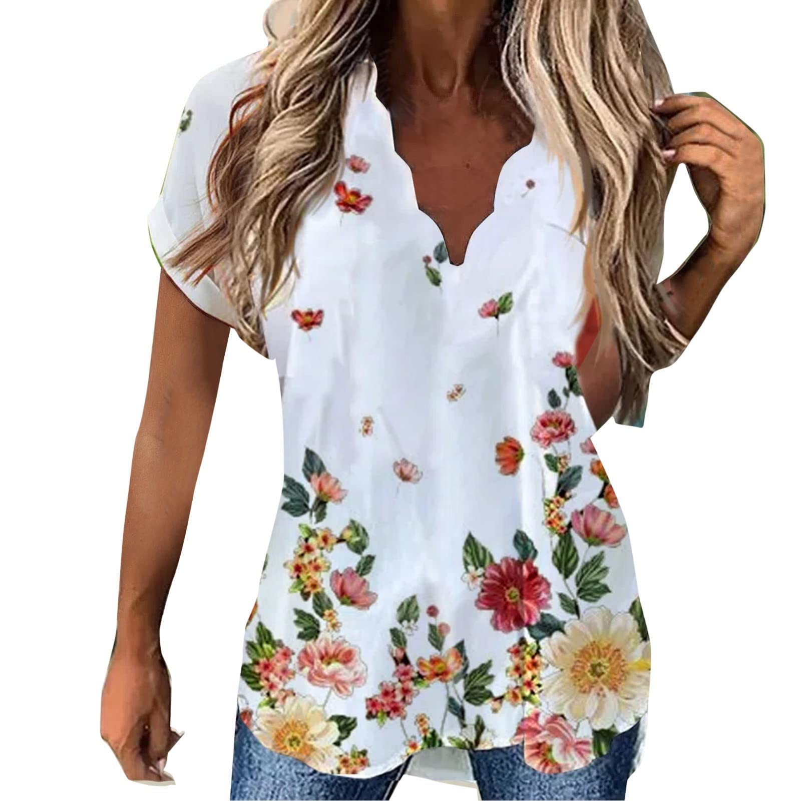 Women's Floral Print Short Sleeve V-Neck Tunic Blouse - Elegant Summer Office Work Shirt for Women | Casual & Professional Wear for Business, Outings & Daily Use