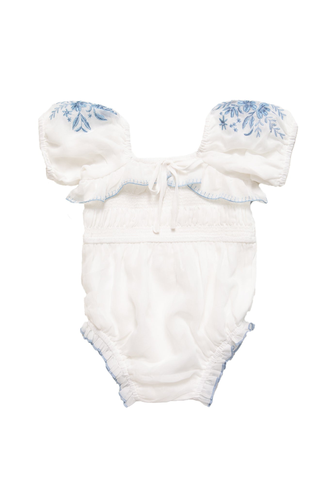 Baby Mae Romper - White with Blue Floral Print | Soft Cotton Infant Jumpsuit for Newborns & Toddlers | Perfect for Playdates, Photo Shoots & Special Occasions