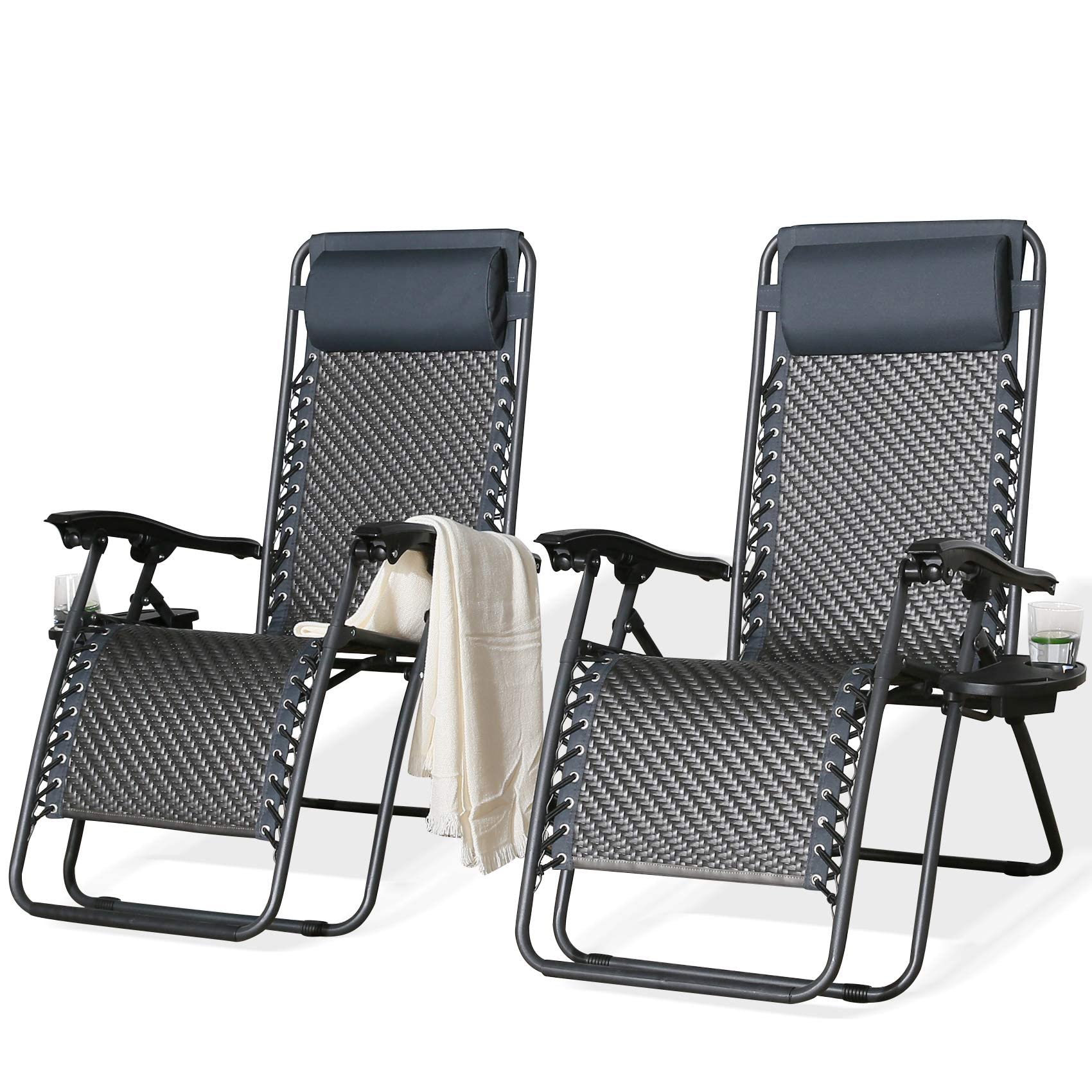 Peak Home Furnishings Zero Gravity Lounge Chair Set of 2 - Adjustable Wicker Folding Recliners with Pillows & Cup Holder Trays - Outdoor Patio Chairs for Lawn, Camping, Yard, Beach, Pool - Perfect for Relaxing, Sunbathing and Outdoor Entertaining
