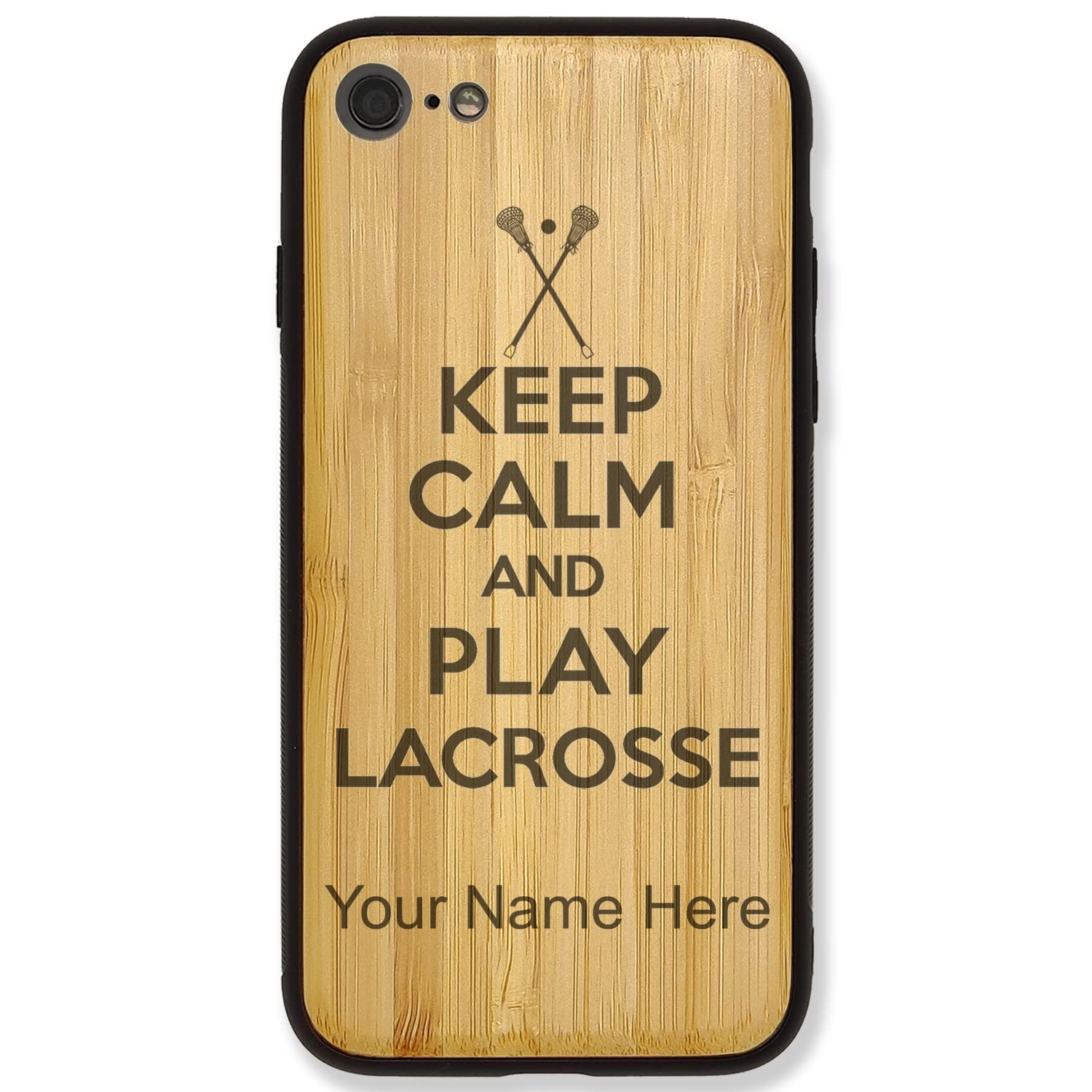 Premium Bamboo Phone Case Compatible with iPhone 7 & iPhone 8 - Custom Engraved 'Keep Calm and Play Lacrosse' Design - Durable Protective Cover for Sports & Outdoor Activities