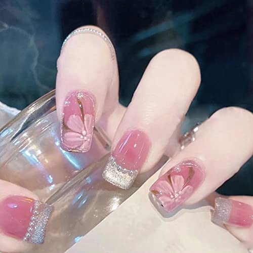 Short French Press on Nails with Pearls & Flowers - Glossy Pink Fake Nails with Bling Glitter - 24pcs Full Cover Acrylic Nails Tips for Women & Girls - Perfect for Parties, Weddings & Special Occasions