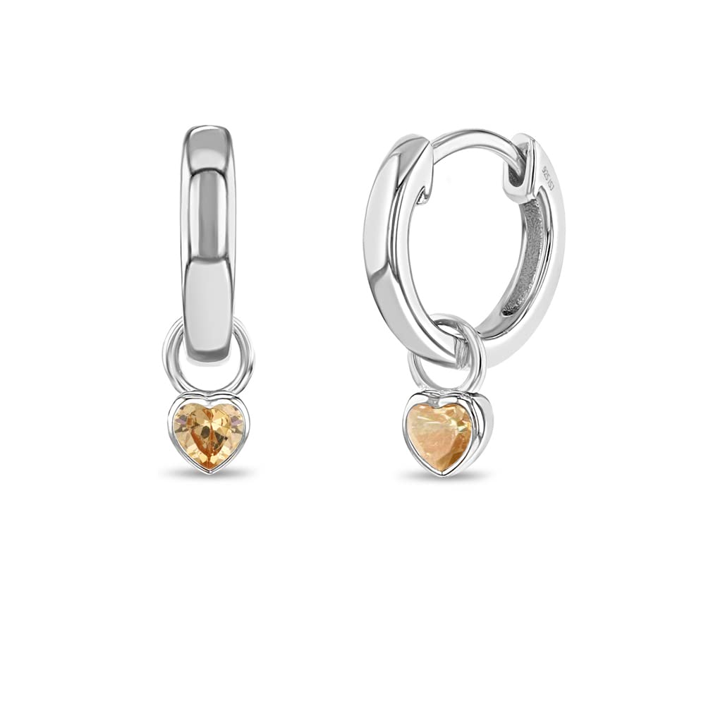 925 Sterling Silver Petite Simulated Birthstone Heart Charm Hoop Earrings for Girls | 12mm Cubic Zirconia Stud Earrings | Dainty Birthstone Jewelry Gift for Teens | Perfect for Birthdays, Valentine's Day & Special Occasions