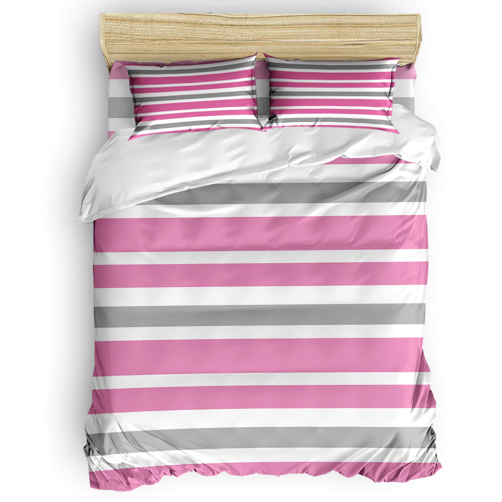 Pink Gray White Striped Duvet Cover Set - 4 Piece Ultra Soft Microfiber Bedding Set with Zipper Closure, Breathable Comforter Cover for Queen Size Bed - Perfect for Kids & Adults Bedroom Decor, Guest Room & Cozy Home Styling