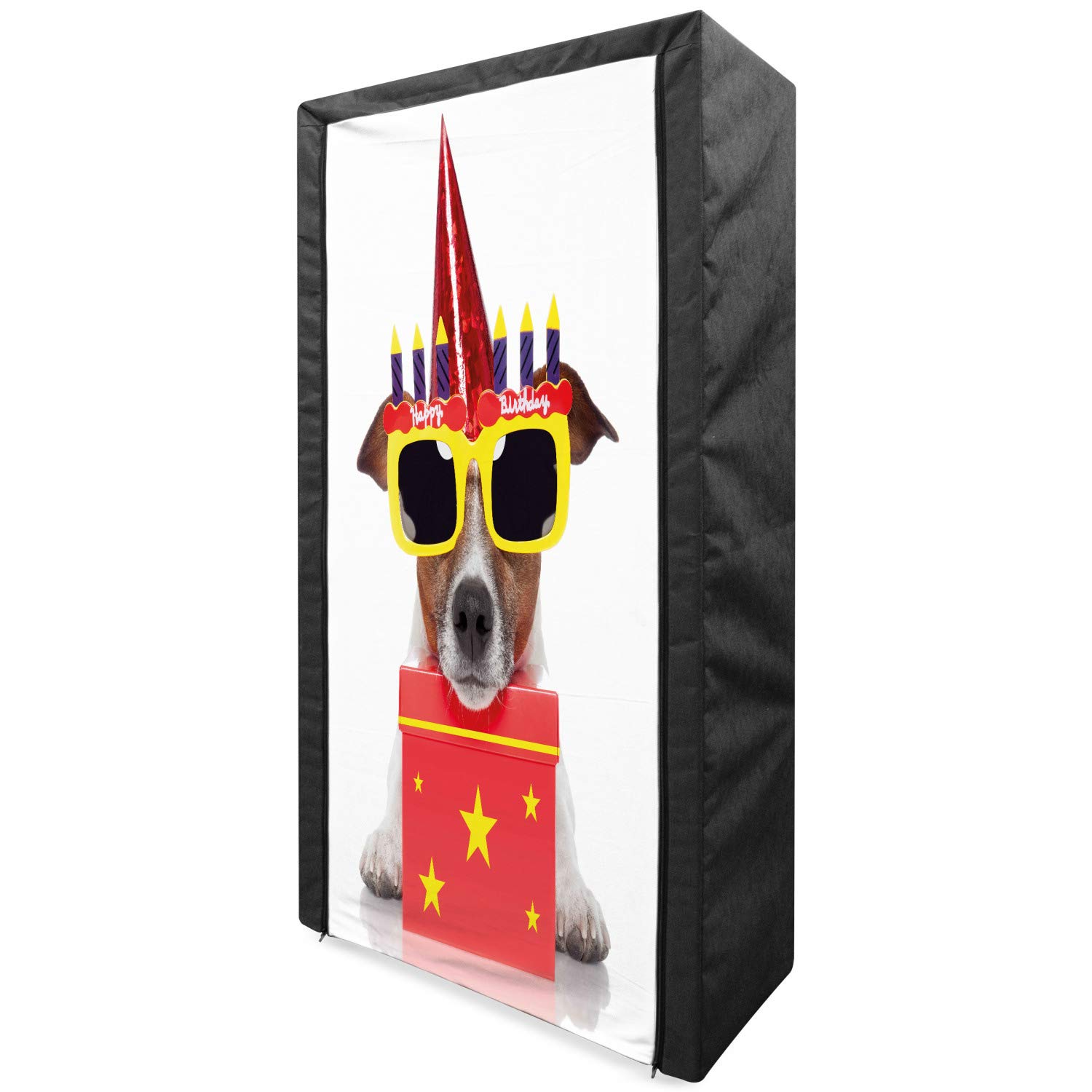 Ambesonne Birthday Party Portable Fabric Wardrobe - Happy Dog with Sunglasses & Cone Hat Print - 33.5