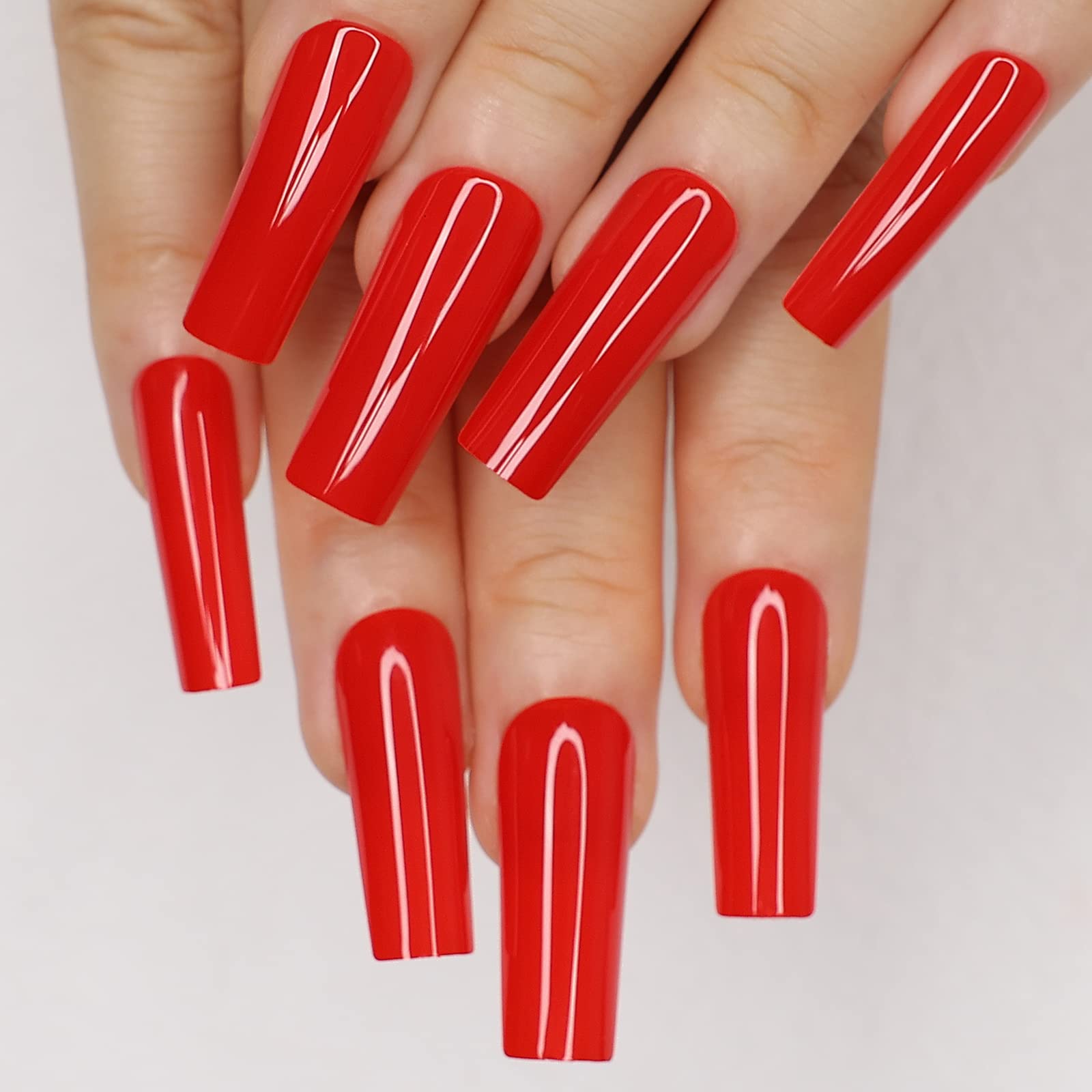 Kikmoya Extra Long Square Press on Nails - Glossy Red Fake Nails, Full Cover False Nail Tips, Acrylic Stick on Nails for Women - Perfect for Parties, Weddings, and Everyday Manicure