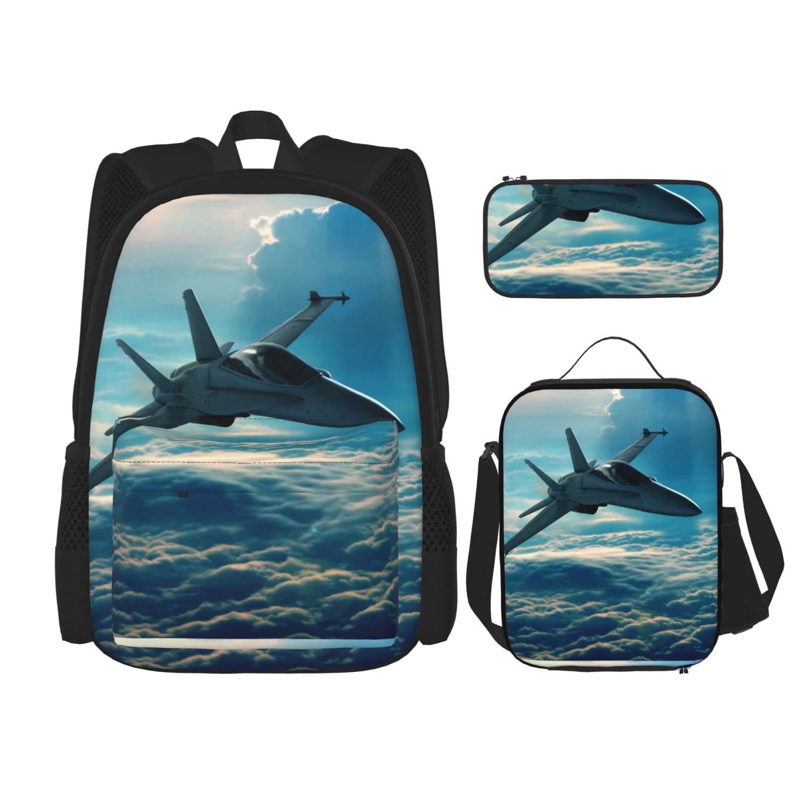 Fighter Jet Themed School Backpack Set for Boys & Girls - Includes Lunch Box & Pencil Case - Durable Bookbag for Students, Travel & Outdoor Activities