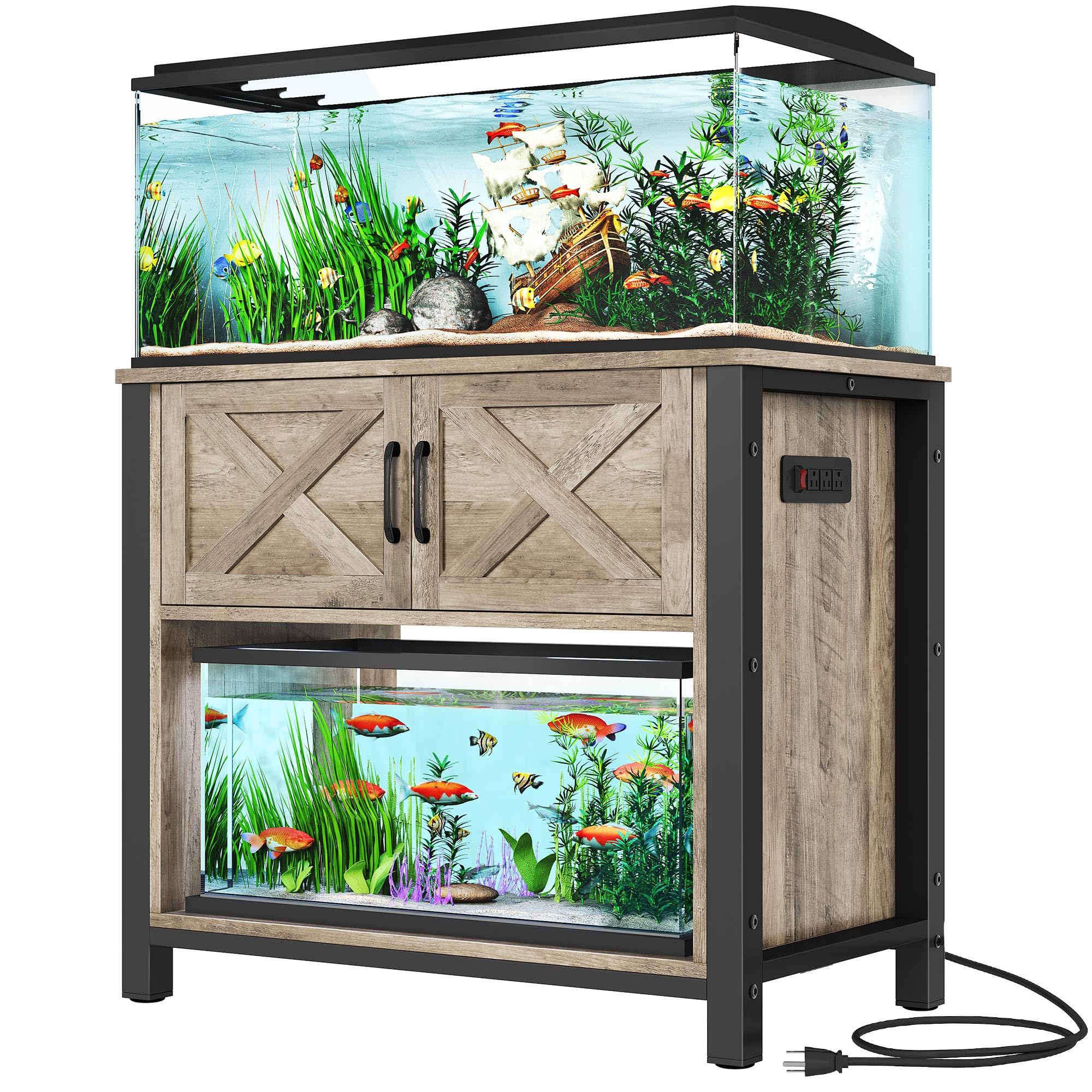 DWVO 40-50 Gallon Heavy Duty Metal Aquarium Stand with Power Outlets & Storage Cabinet – 660LBS Capacity Fish Tank Stand for Turtle Tanks, Reptile Terrariums, Grey – Perfect for Home, Office, or Classroom Aquatic Displays