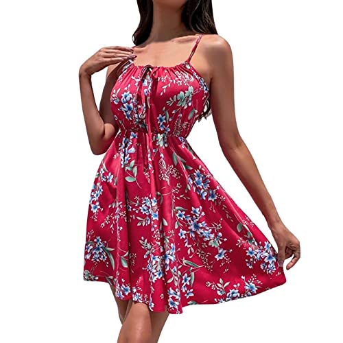 2023 Women's Summer Floral Print Spaghetti Strap Sundress with Pockets - O-Neck Sleeveless Casual Dress (Hot Pink, Small) | Perfect for Beach Vacations, Picnics & Summer Parties
