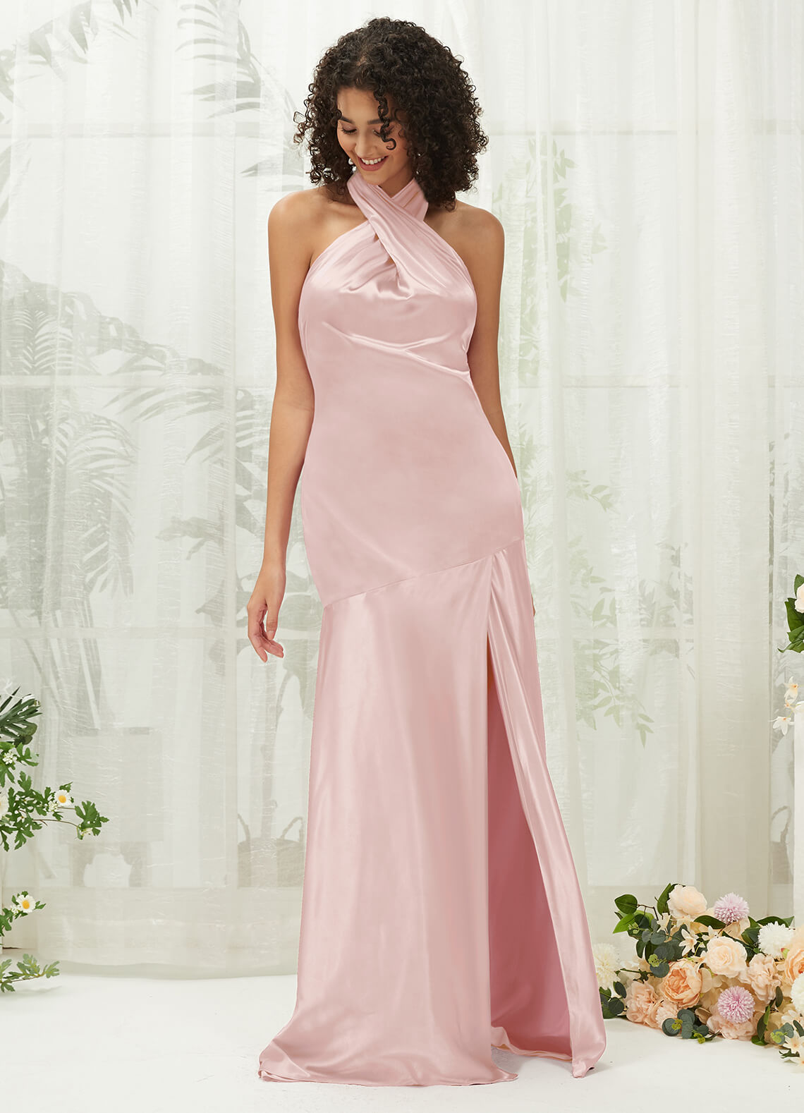 Elegant Blush Satin Halter Neck Sleeveless Maxi Bridesmaid Dress with High Slit - Perfect for Weddings, Proms & Formal Events