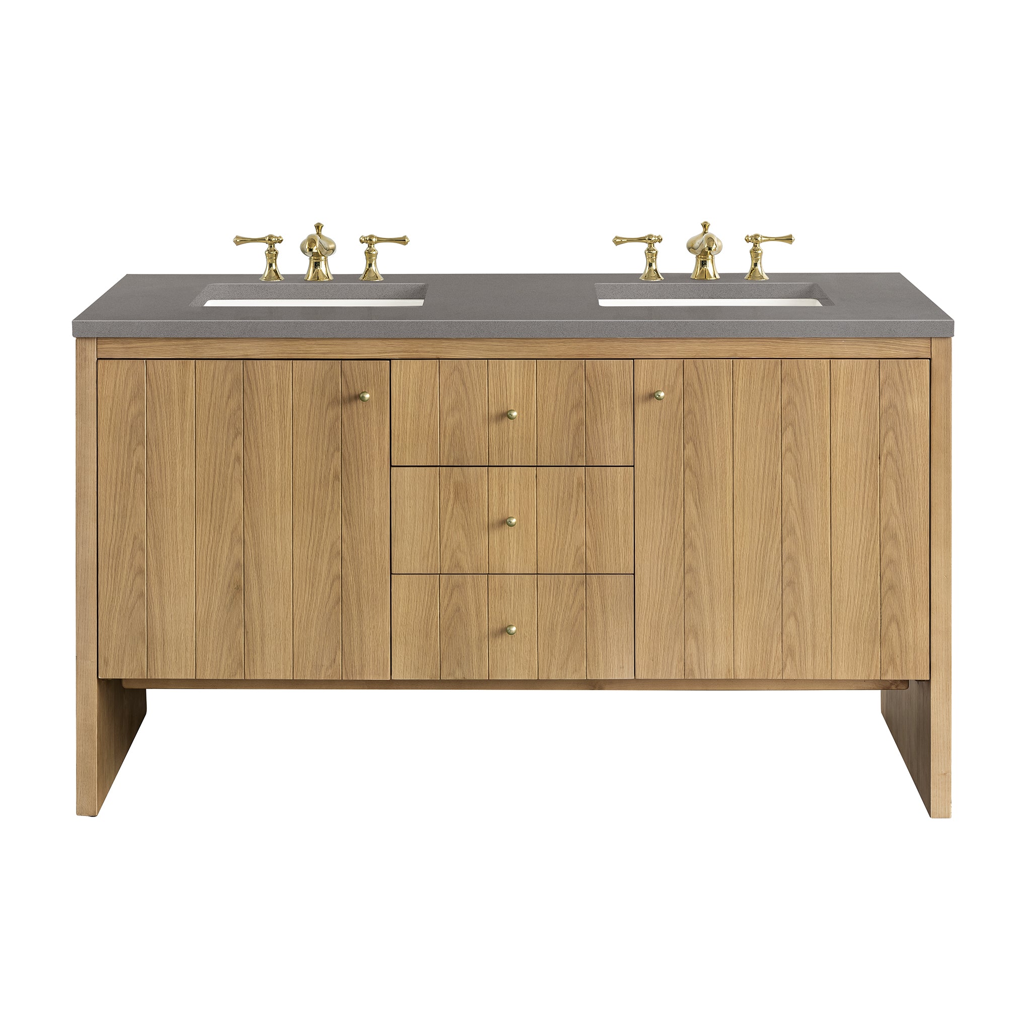Hudson 60 Inch Double Bathroom Vanity with Light Natural Oak Finish & 3CM Grey Expo Top - Perfect for Master Bathroom Renovation and Modern Home Decor