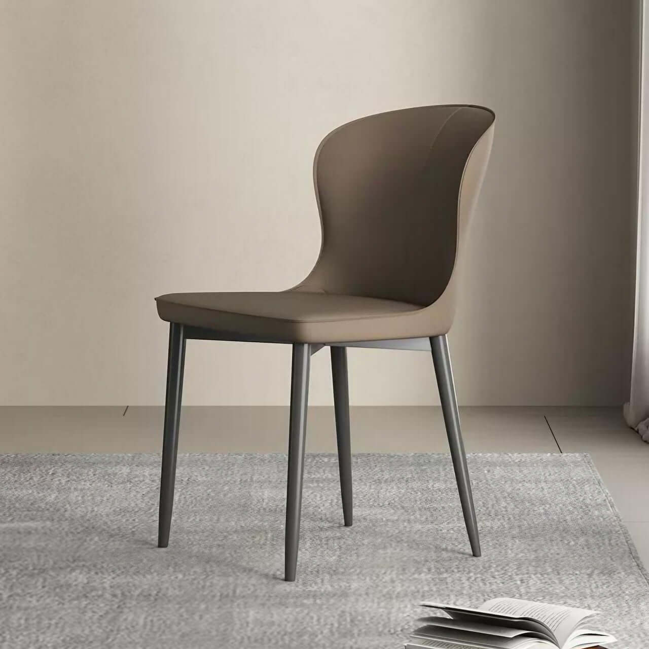 Modern Brown Durable Leather Dining Chair with Semi-Wrapped Backrest - Contemporary Minimalist Design for Home, Office, or Restaurant Use