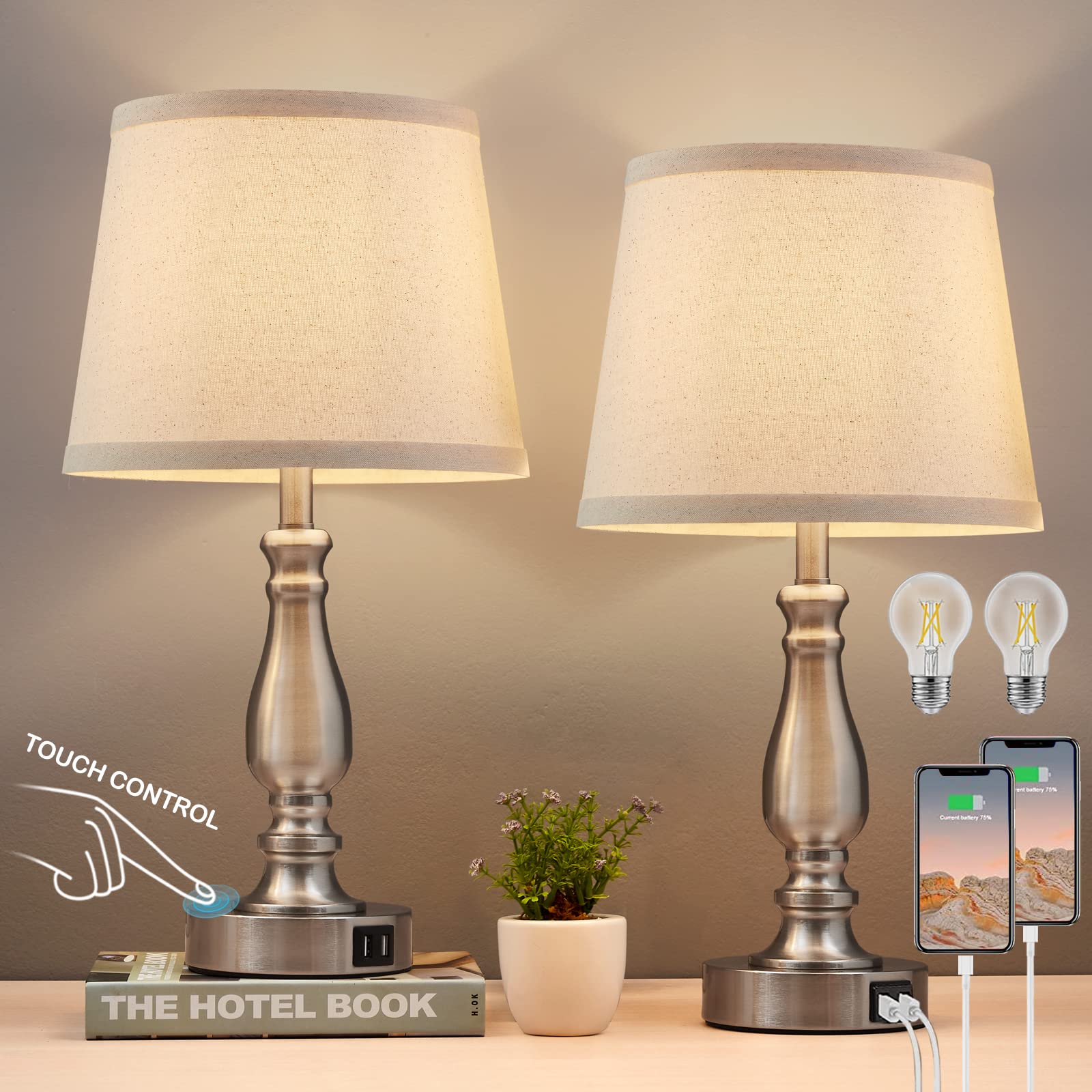 2 Pack Brushed Nickel Bedside Lamps with USB Ports & Fabric Shades - 3-Way Dimmable Touch Control Nightstand Lamps for Bedroom, Living Room & Office (Bulbs Included) | Perfect for Reading, Working & Creating Cozy Ambiance