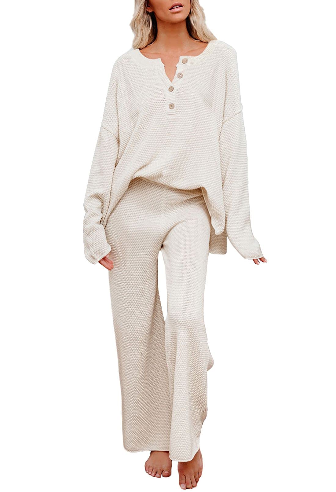 Women's 2-Piece Sweatsuit Set - V-Neck Waffle Knit Long Sleeve Sweater & Wide Leg Lounge Pants - Cozy Casual Outfit for Home, Travel & Relaxation