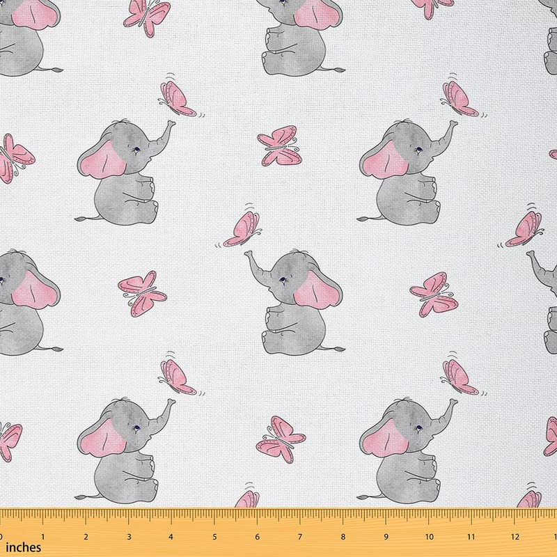 Feelyou Cute Elephant Outdoor Fabric by The Yard - Cartoon Little Elephant with Butterflies Upholstery Fabric for Chairs, Sofas & DIY Projects - Animal Print Decorative Fabric (10 Yards, Grey Pink) - Perfect for Home Decor, Nursery, Pillows & Crafting