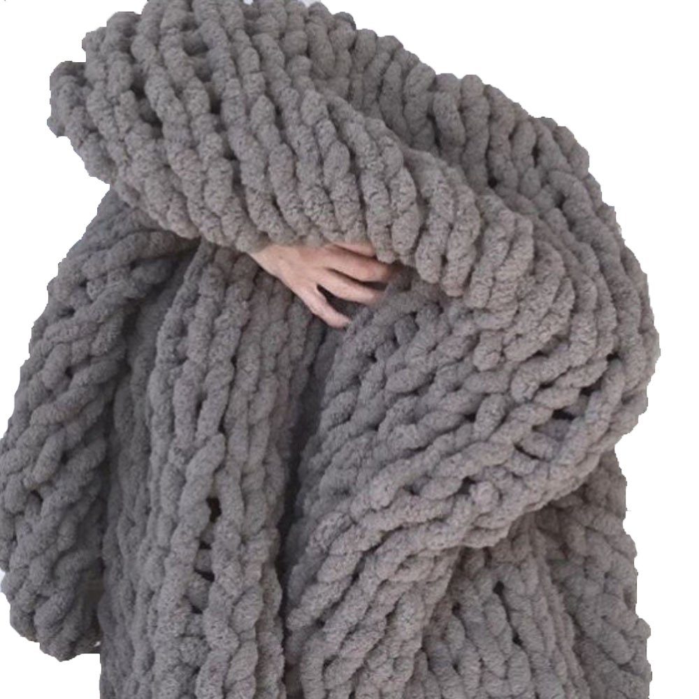 47x59 Inch Chunky Hand Knitted Blanket - Super Soft Chenille Plush Throw for Sofa & Bed - Grey Arm Knitted Blanket for Living Room, Bedroom & Gift Giving