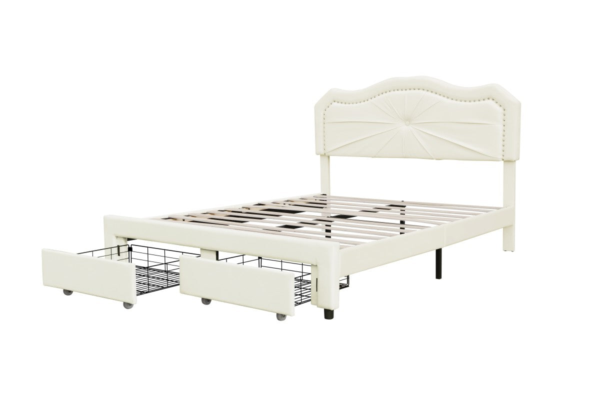 Beige Queen Size Platform Bed with 2 Footboard Storage Drawers - Modern Bedroom Furniture for Small Space & Guest Room Organization