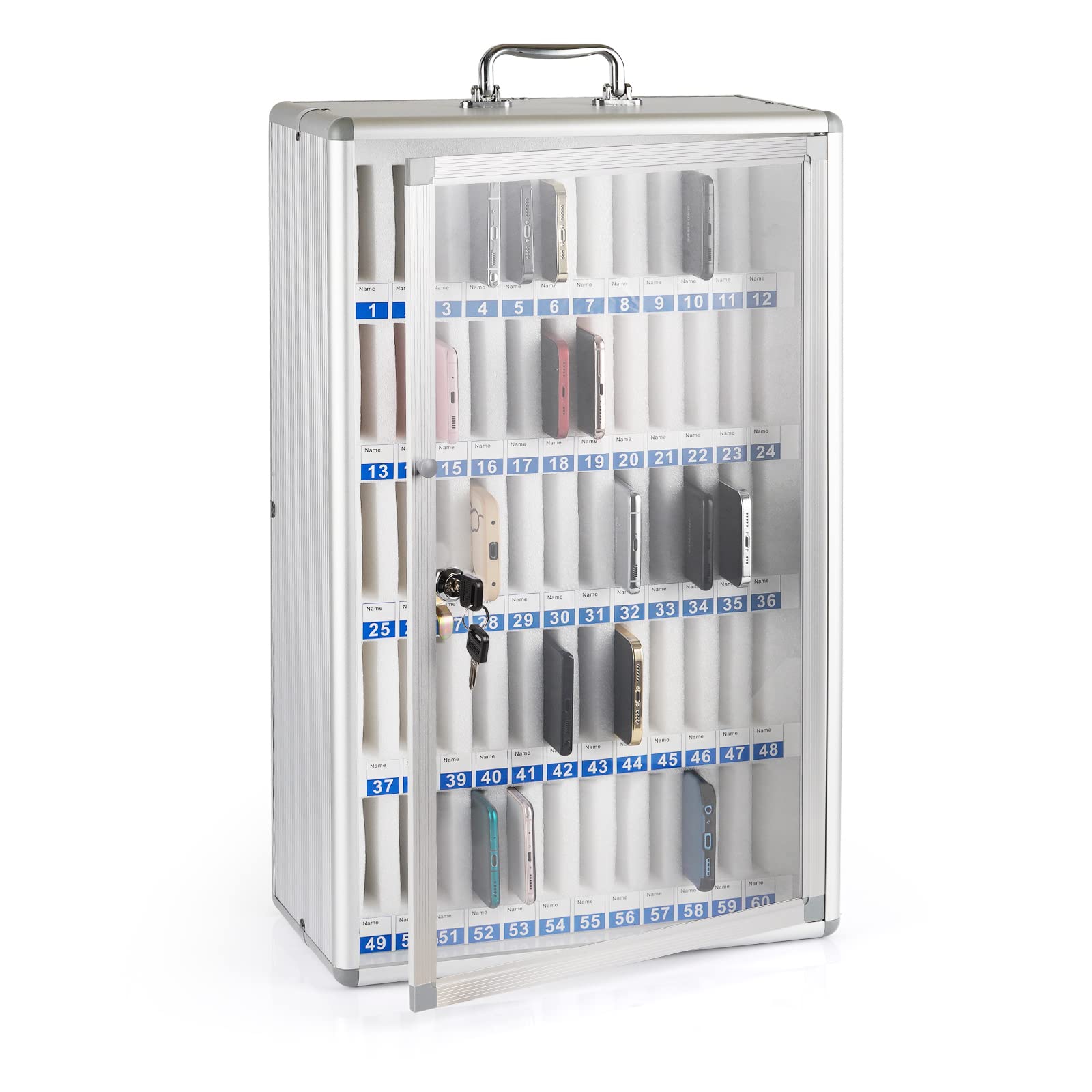 Loghot Aluminum Alloy Wall-Mounted Phone Storage Cabinet with Lock - 60 Slots Portable Organizer for Retail Stores, Salons & Offices | Secure Smartphone Display & Charging Station
